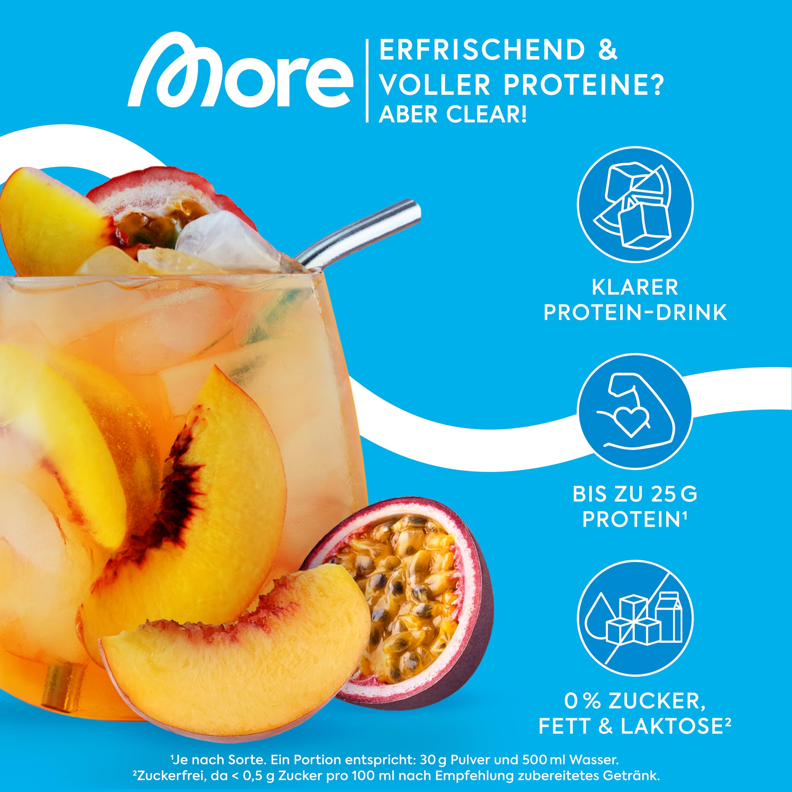MORE Clear Protein, Peach Passionfruit Ice Tea, 600 g, Protein Drink mit Whey Isolat - made in Germany