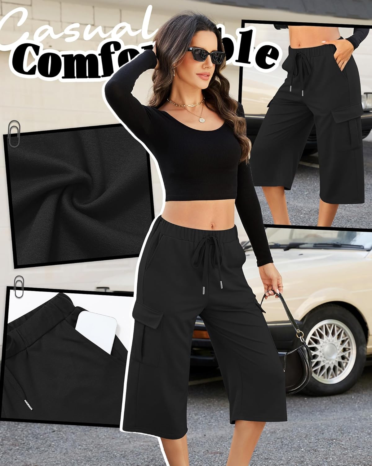 Women's Capri Pants Baggy Cargo Wide Leg Cropped Sweatpants Drawstring Casual Oversized Jogger with 4 Pockets