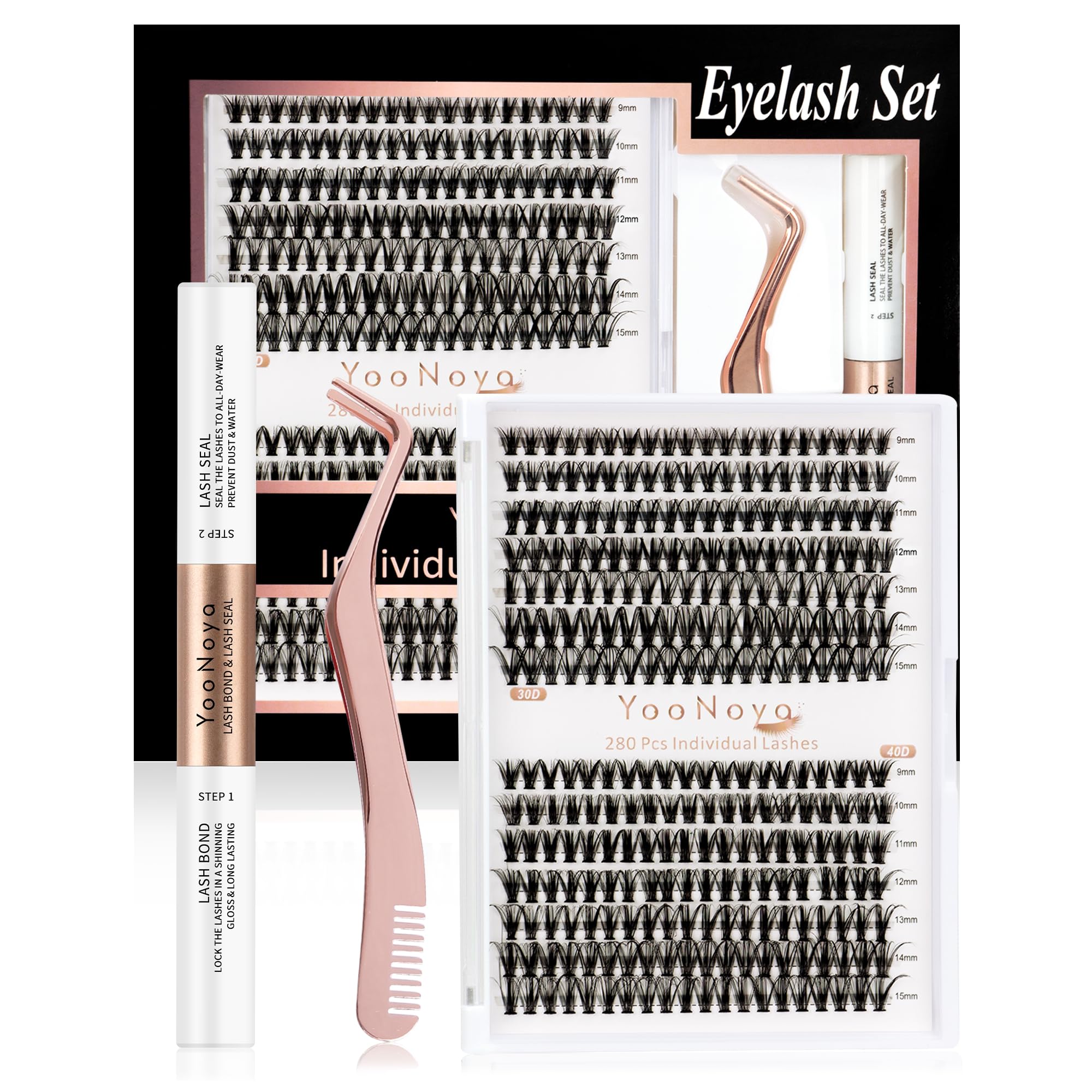 YOONOYA Kit Pestañas Pelo a Pelo 280PCS (30D-40D, 9-15mm) Pestañas Postizas Clúster Extensión DIY, Pegamento Impermeable, Pinzas en Oro Rosa para Diy en Casa (30D+40D-9-15mix kit)