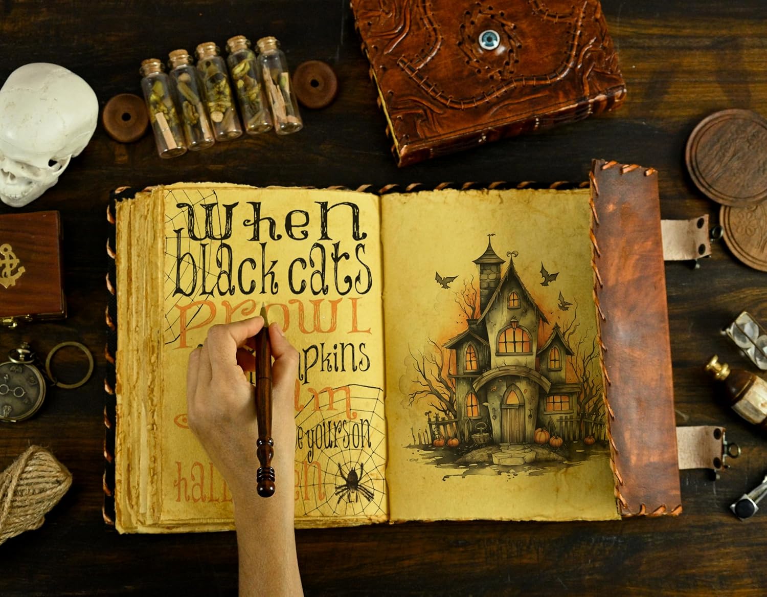 Hocus Pocus Book of Spells Hocus Pocus Spell book Prop Hocus Pocus Gifts Halloween Decorations Decor Leather Journal Writing Book Of shadow Best Hocus Pocus Gifts For Men And Women (13x10 Inch, Brown)