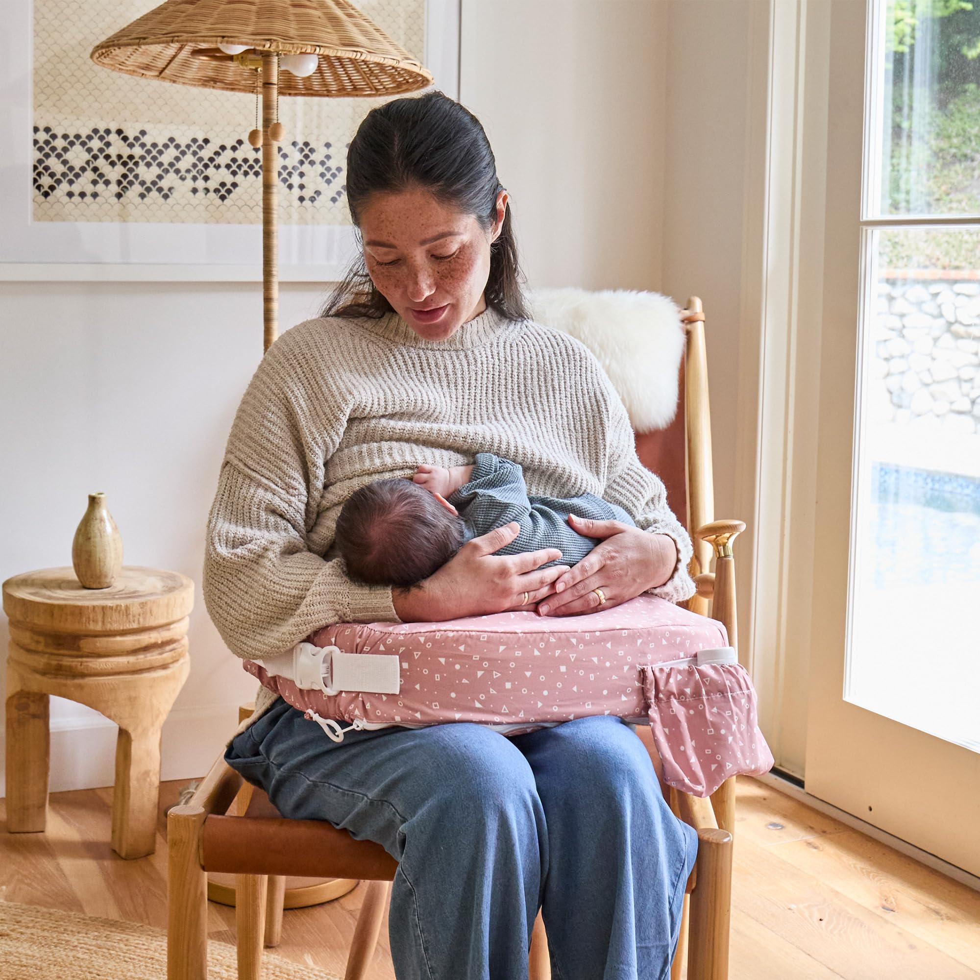My Brest Friend Original Nursing Pillow Enhanced Ergonomics Essential Breastfeeding Pillow Support for Mom & Baby W/Convenient Side Pocket, Double Straps & Slipcover, Dusty Rose Geo