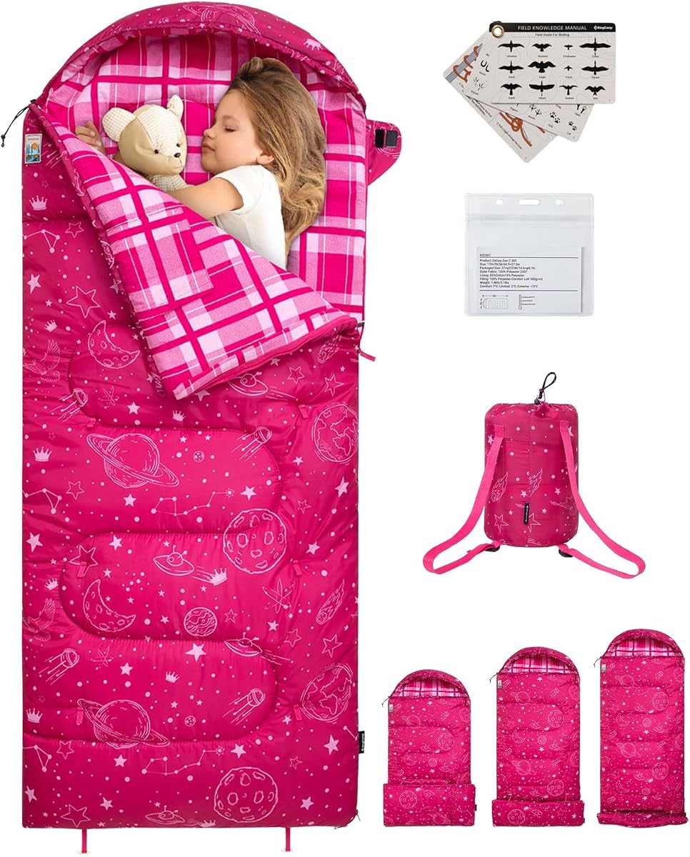 KingCamp 45°F Kids Sleeping Bag, 100% Flannel Sleeping Bag for 10-12 Child | Lightweight Waterproof & Compact Sleeping Bags Cold Weather & Warm Youth Essentials Gear for Camping, Up to 4'7"-5'5" Tall