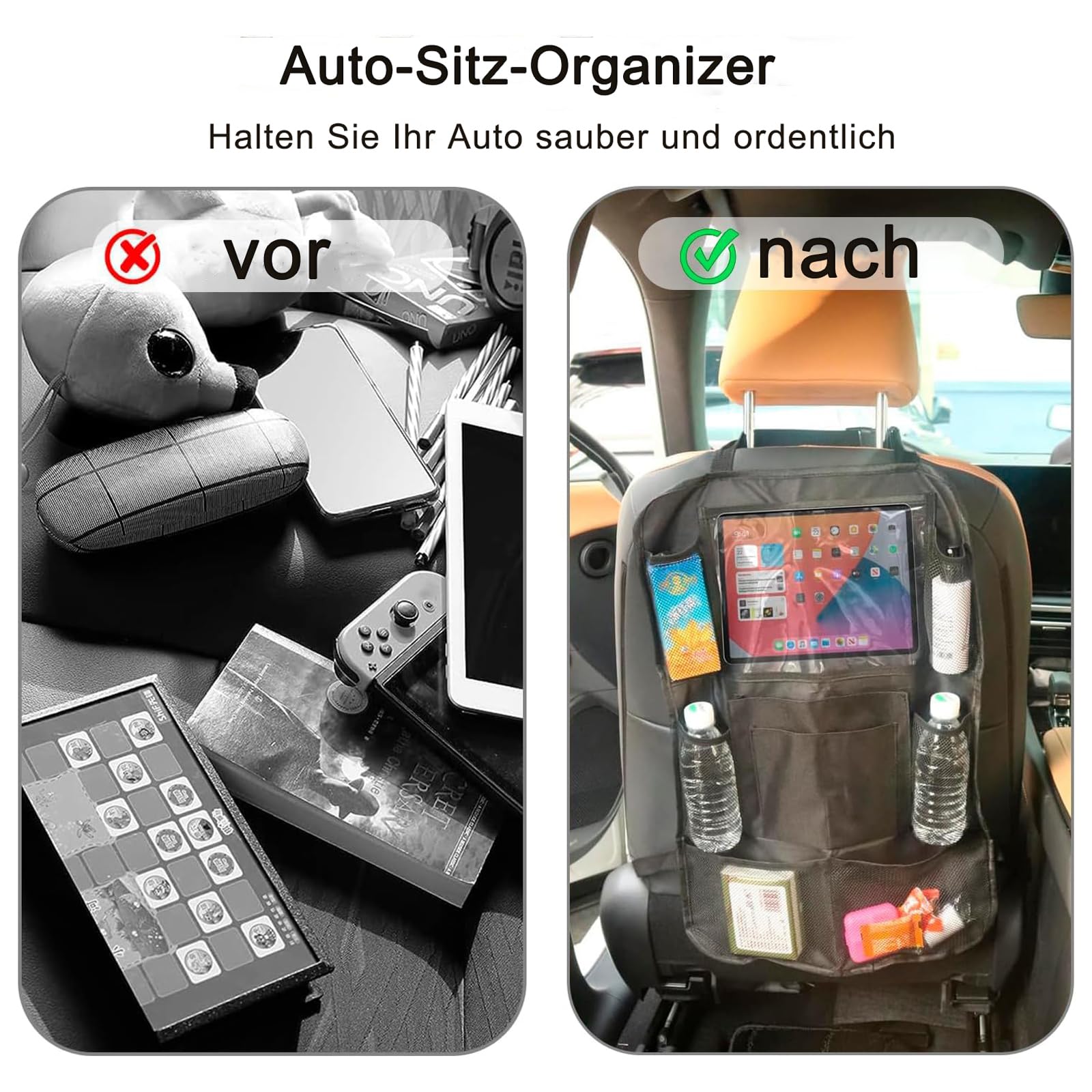 DeBizz Organizer na fotel samochodowy z 10 kieszeniami, wodoszczelny, ochrona oparcia samochodu dla dzieci, duży, składany ochraniacz na siedzenia, wielofunkcyjne akcesoria samochodowe do wnętrza