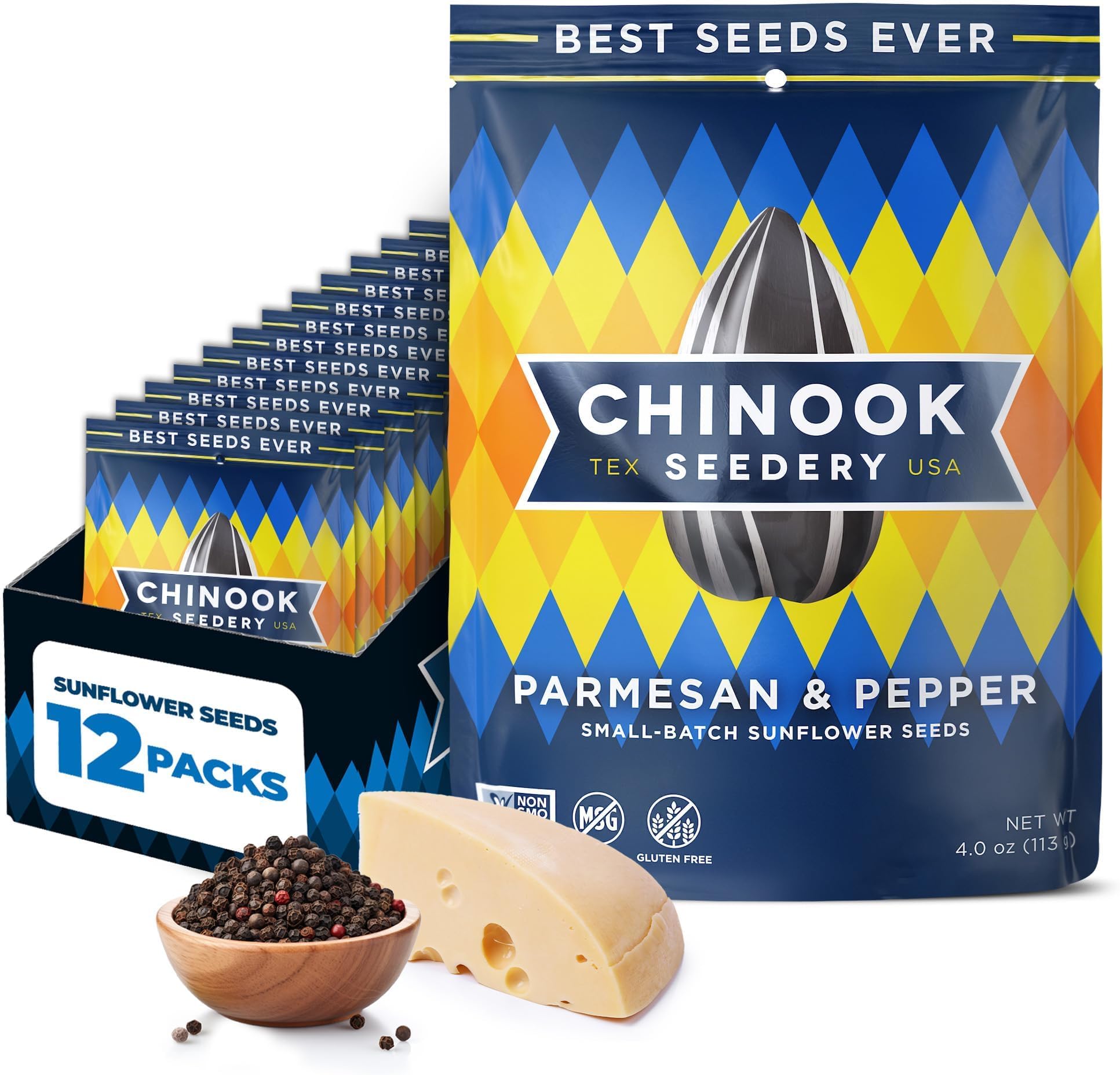 Chinook Seedery Sunflower Seeds to Eat — Jumbo, Flavored, Roasted, Low Sodium Snacks — Keto Friendly, Gluten-Free, Non-GMO — Parmesan & Pepper Flavor 4 oz (12-Pack)
