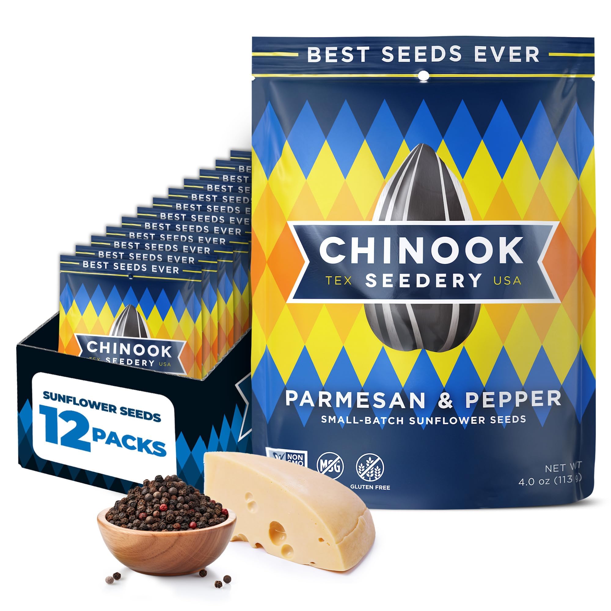- Chinook Seedery Sunflower Seeds to Eat — Jumbo, Flavored, Roasted, Low Sodium Snacks — Keto Friendly, Gluten-Free, Non-GMO — Parmesan & Pepper Flavor 4 oz (12-Pack)