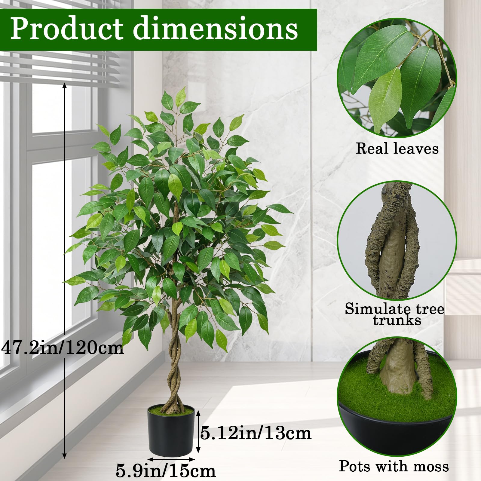 Albero di Ficus Artificiale 120 cm Piante Finte da Interno Pianta Finta Ficus Benjamin con Vaso Albero Finto Grande per Salotto Giardino Balcone Ufficio e Decorazioni Interne ed Esterne