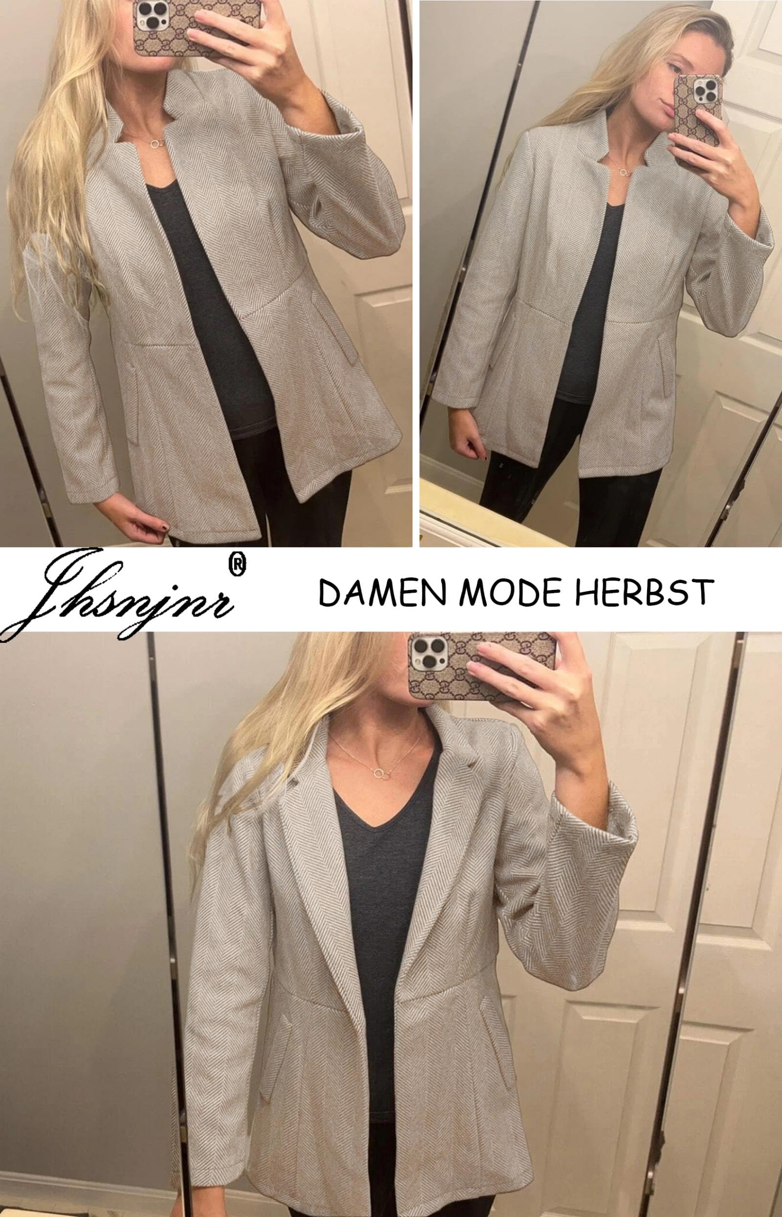 Jhsnjnr Damen Offen Vorne Elegant Blazer Langarm Stehkragen Wärmen Long Sakko Mantel Business Tweed Anzug Jacke