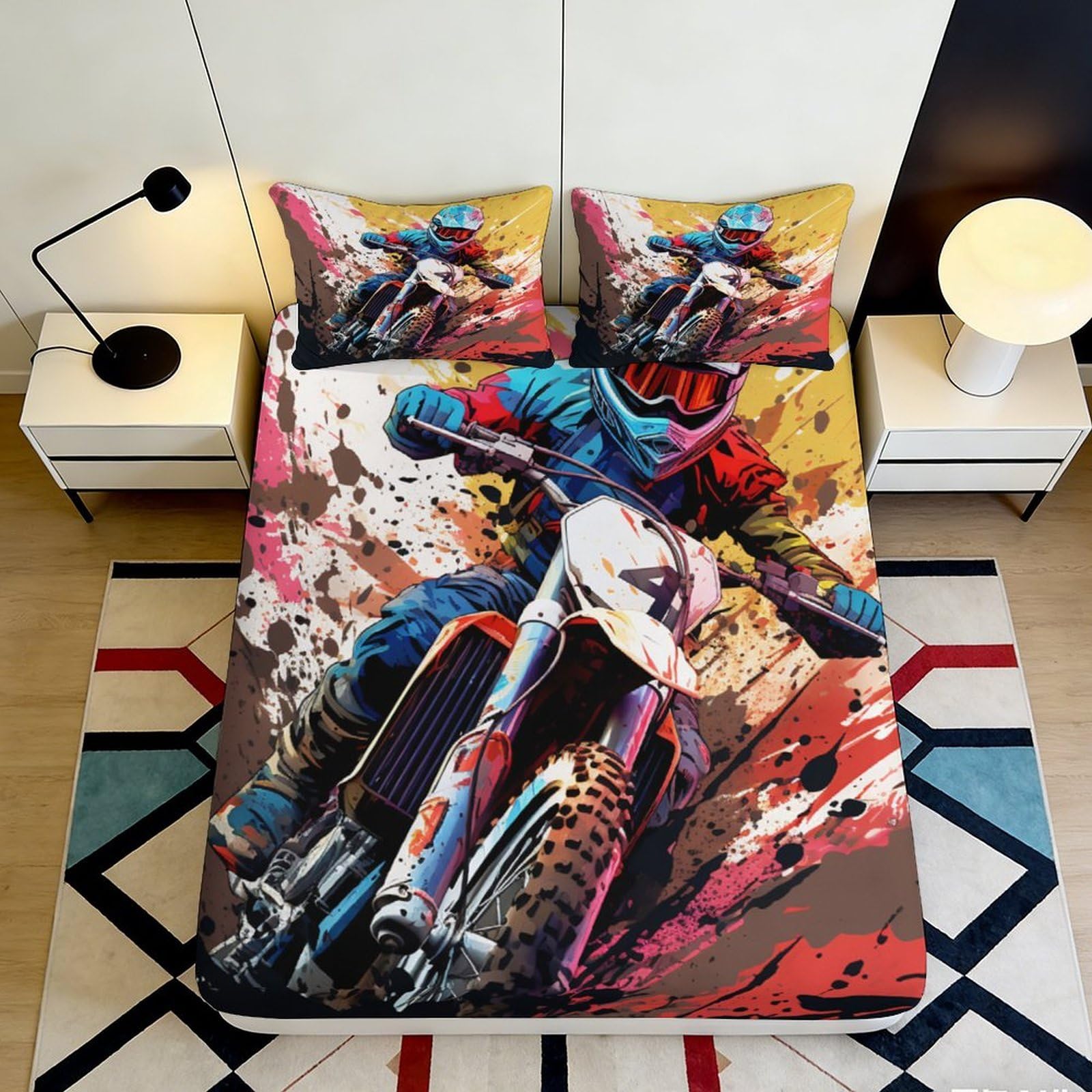 3D Printed Motocross Racing Fitted Sheet Microfiber Durable Vibrant Dirt Bike Bed Cover for Bedroom Dormitory Guest Room Mattress Protection 140x200x25cm