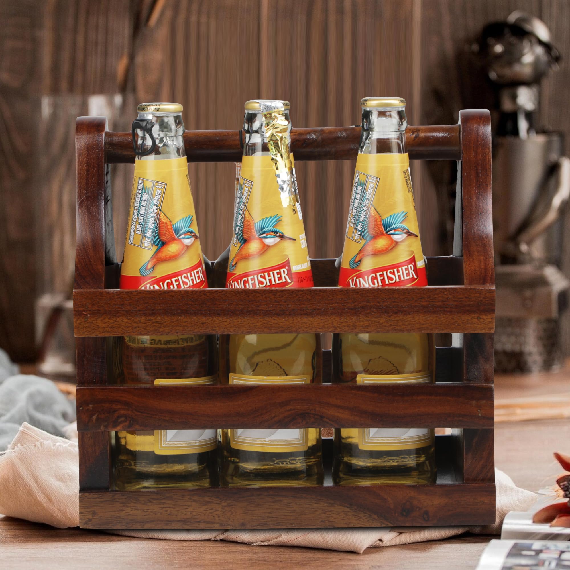 GLOBALLY INDIAN- Where Creativity Meets Living Wooden Beer Bottle Caddy, 6-Bottle Carrier, Dark Brown, 24 x 18 x 23 cm-image-45
