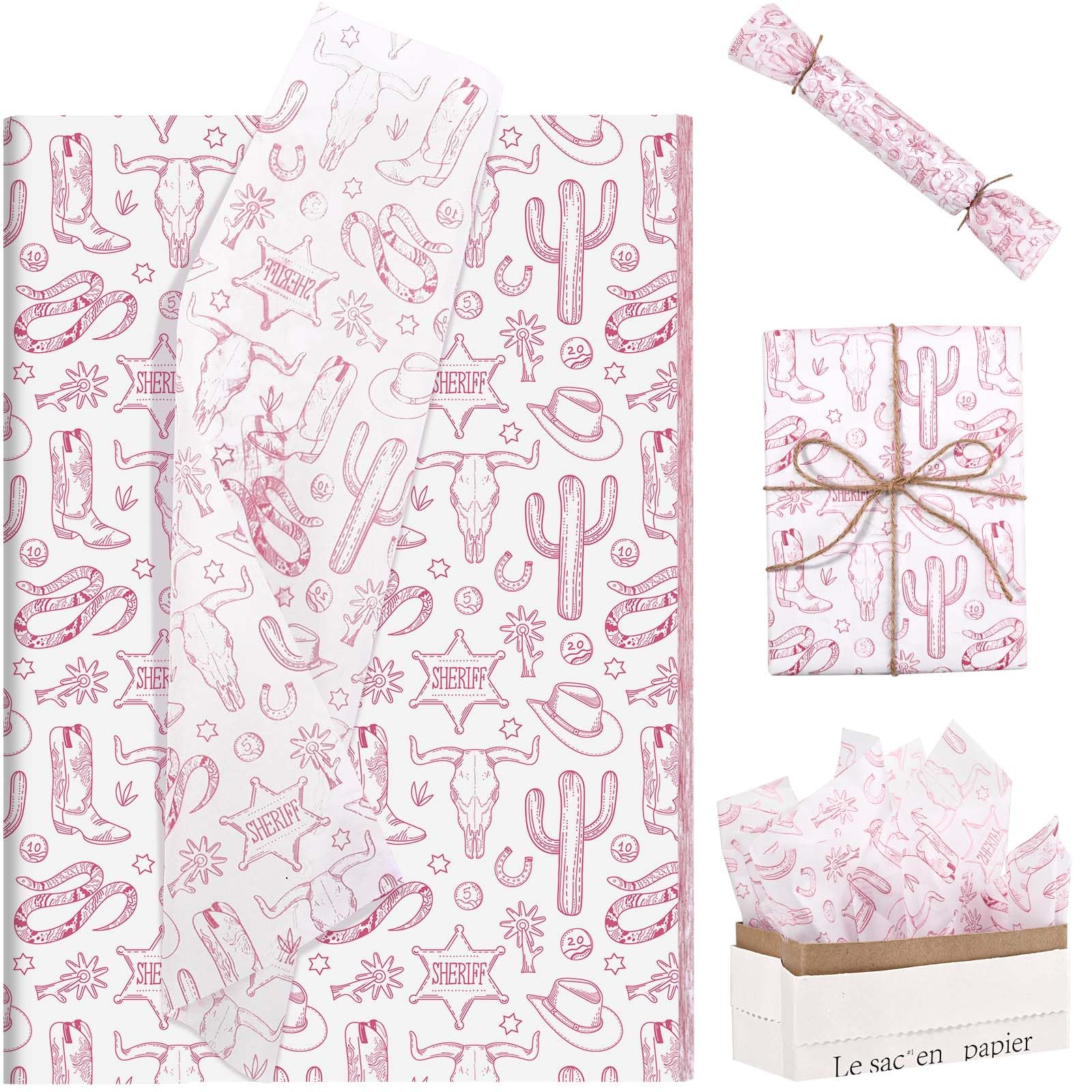 Lot De 100 Feuilles De Papier De Soie De Cowgirl Occidentale Pour Sacs Cadeaux, Bottes De Cowboy, Chapeau, Cactus - Papier De Soie Imprimé Pour