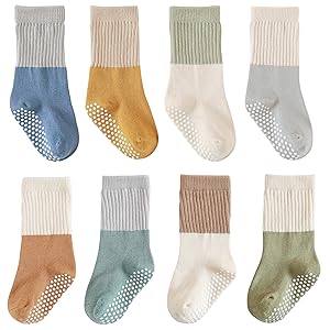 J Poqobog Kleinkind Baby Mädchen Jungen Socken – Baumwolle Rundsocken für Baby Geschenke Pack Baumwollreiche Kniestrümpfe Set (1-3 Jahre, Blau Grün Rutschfest 8 Paar)