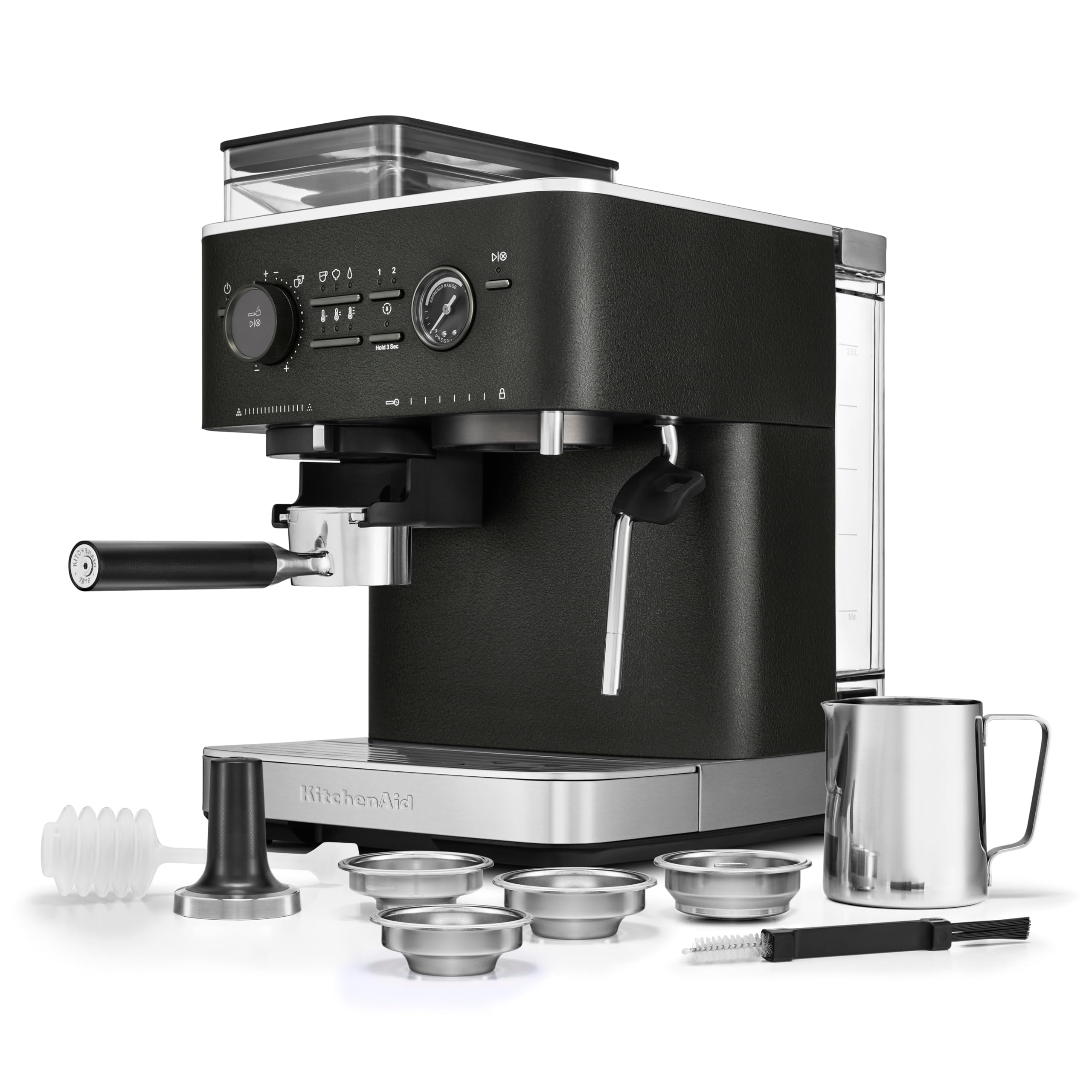 KitchenAid Machine a Café Grain - Machine à expresso semi-automatique - Machine Expresso et Cappuccino avec broyeur à café conique intégré - pot à lait 355 ml - Truffe noire