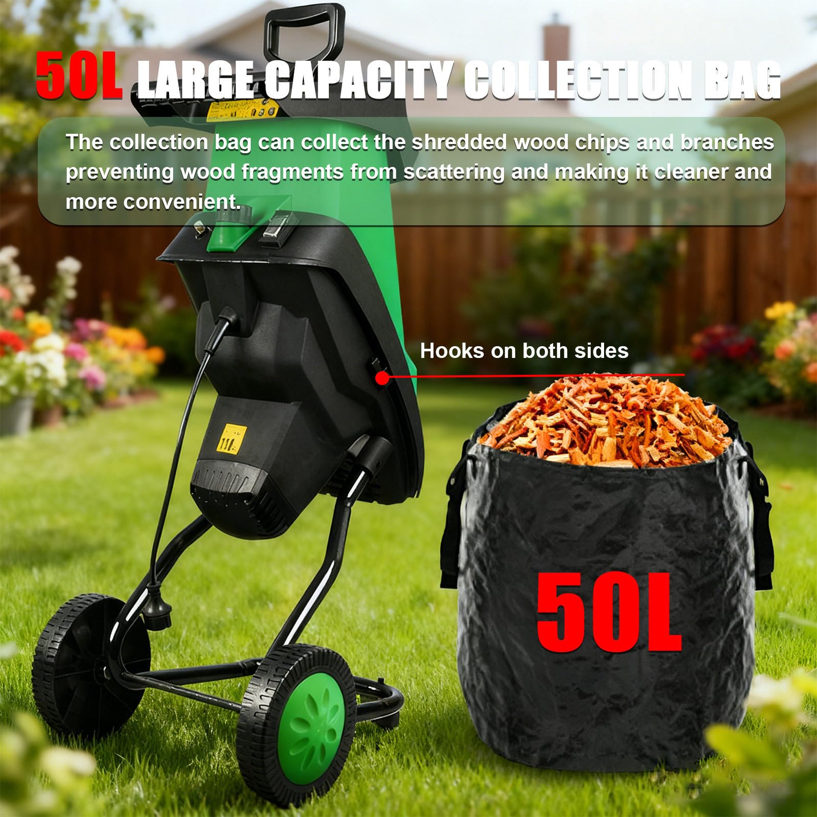 Trituradora De Jardín Eléctrica De 2400 W, con Bolsa Desmontable De 50 L Y 2 Juegos De Cuchillas De Acero Al Manganeso. Tritura hasta 4 Cm De Diámetro Y 4500 RPM