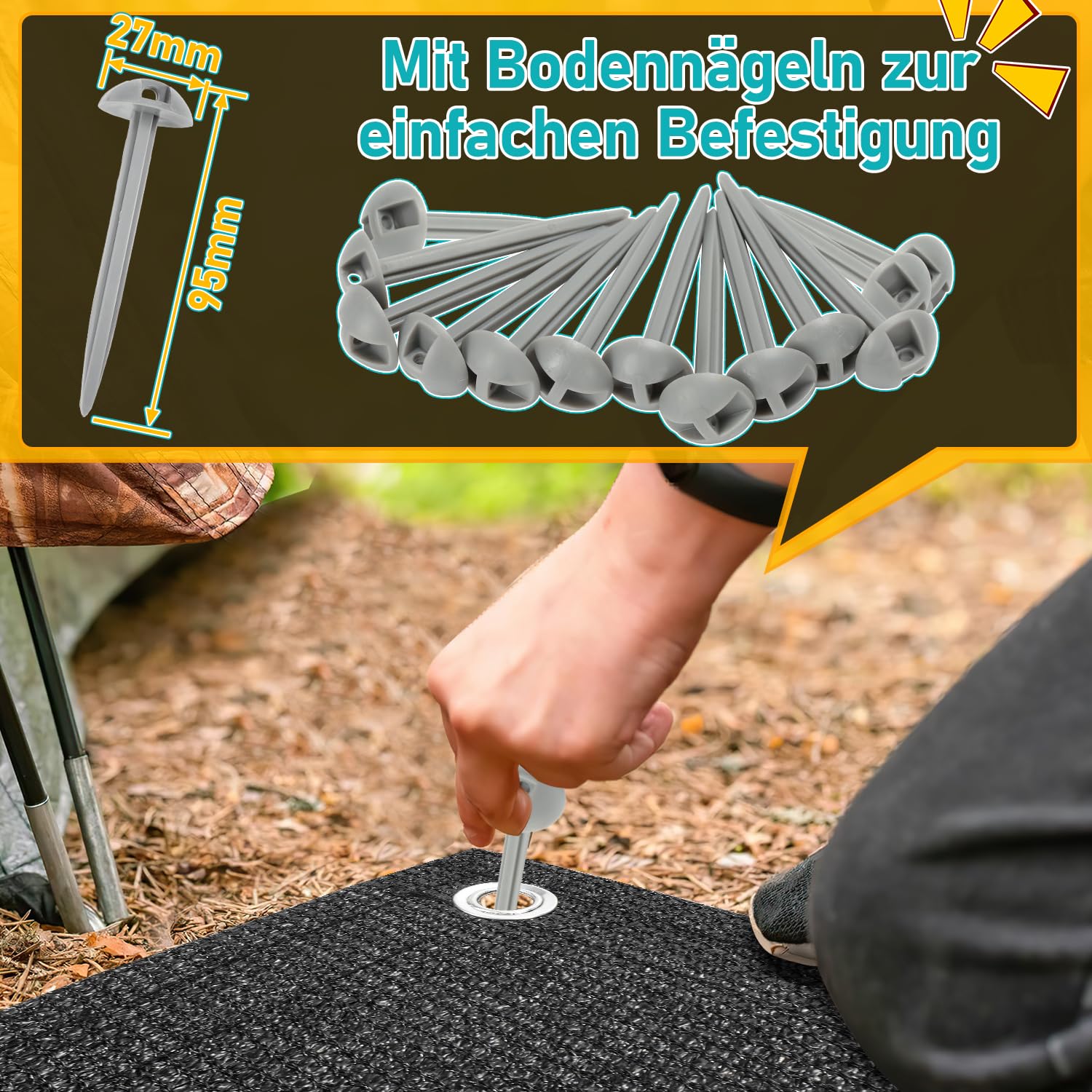Daromigo Tapis d'auvent, tapis de tente avec sac de transport, avec 12 trous et 13 piquets, tapis de camping antidérapant et respirant lavable pour auvent (Noir, 250x500cm)