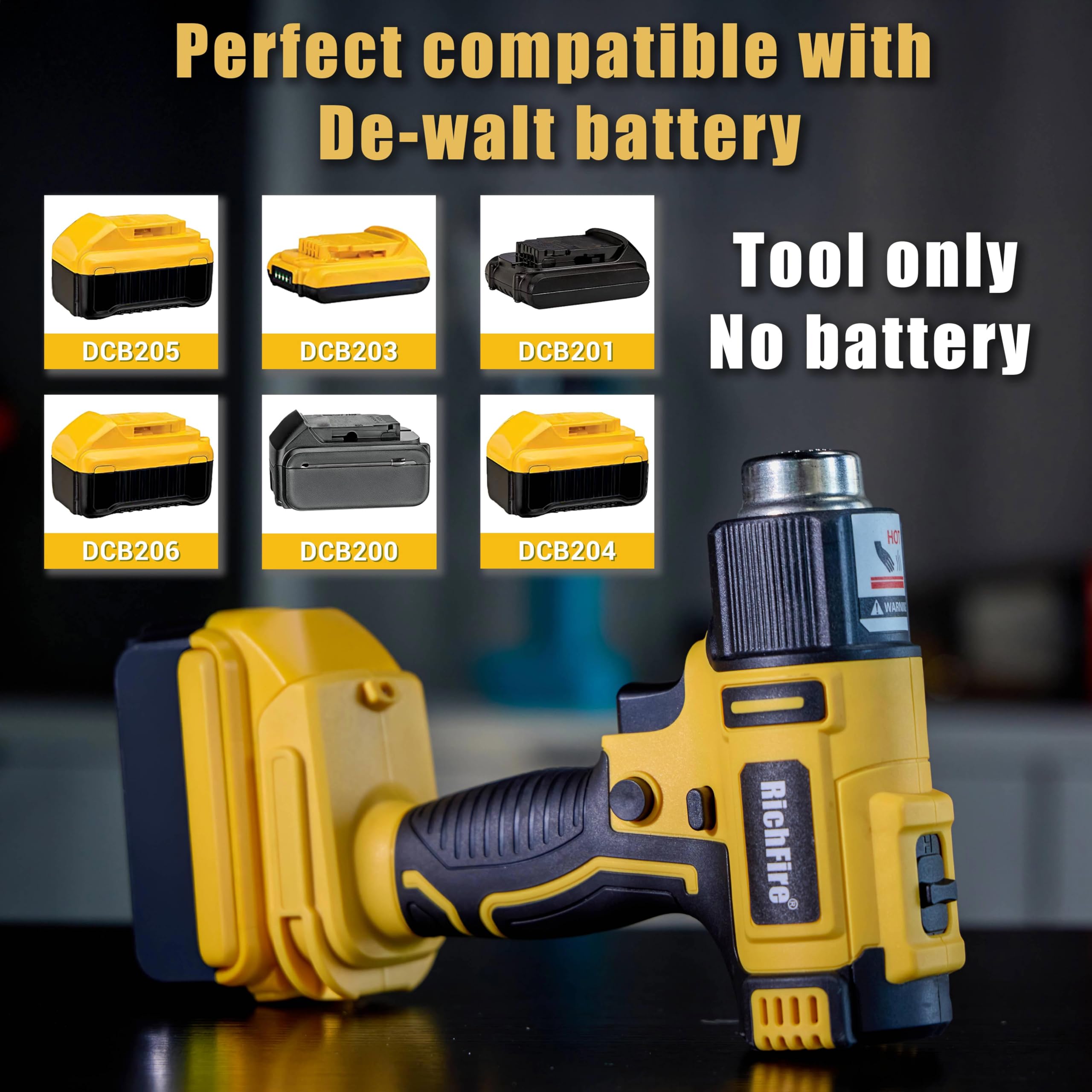 Pistola de calor inalámbrica, 350 W, 300 °C - 550 °C, calentamiento rápido, pistola de calor para batería Dewalt de 20 V, 5 boquillas para doblar tuberías, PVC retráctil, pelar pintura (solo