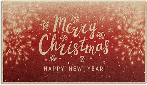 Arttown Tapete de Navidad para puerta, diseño de copos de nieve, fuegos artificiales, color rojo, tapete de bienvenida de invierno, tapete para