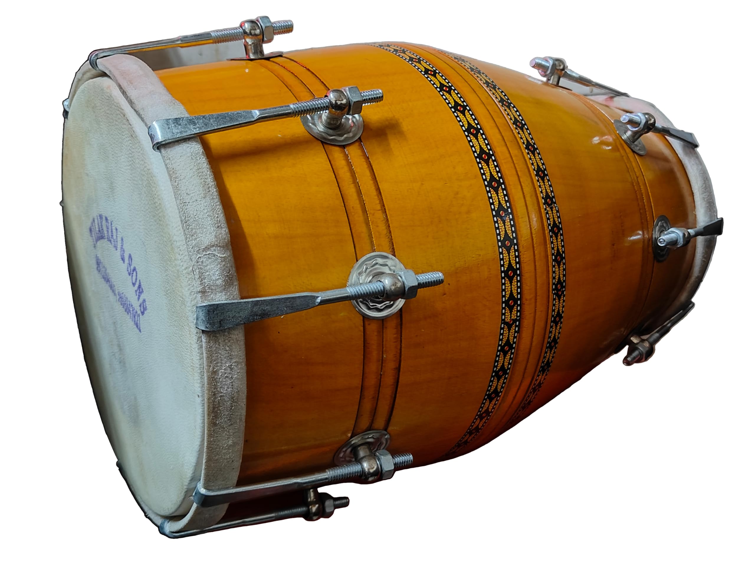 17 Inch Size Wooden Dholak Indian Folk Musical Instrument With Cover and Tuning Key (Yellow Color) - Image 3 thumbnail