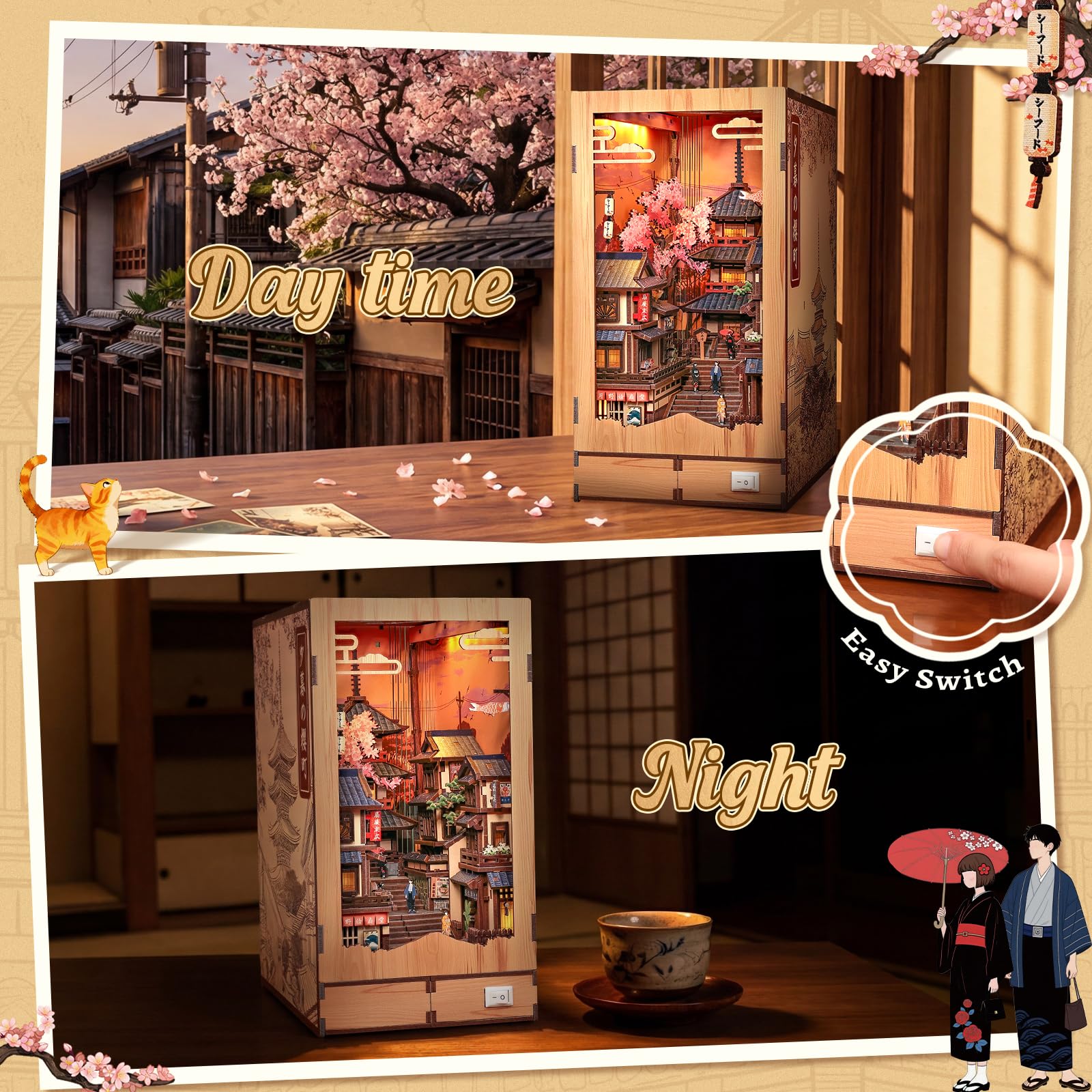 Cutefun Japoński zakątek książki, Japonia, zestaw miniaturowy 3D, drewniane puzzle dla dorosłych, diorama regałowa, rękodzieło, prezent dla kobiet, miłośników puzzli (ścieżka Sakura Path)