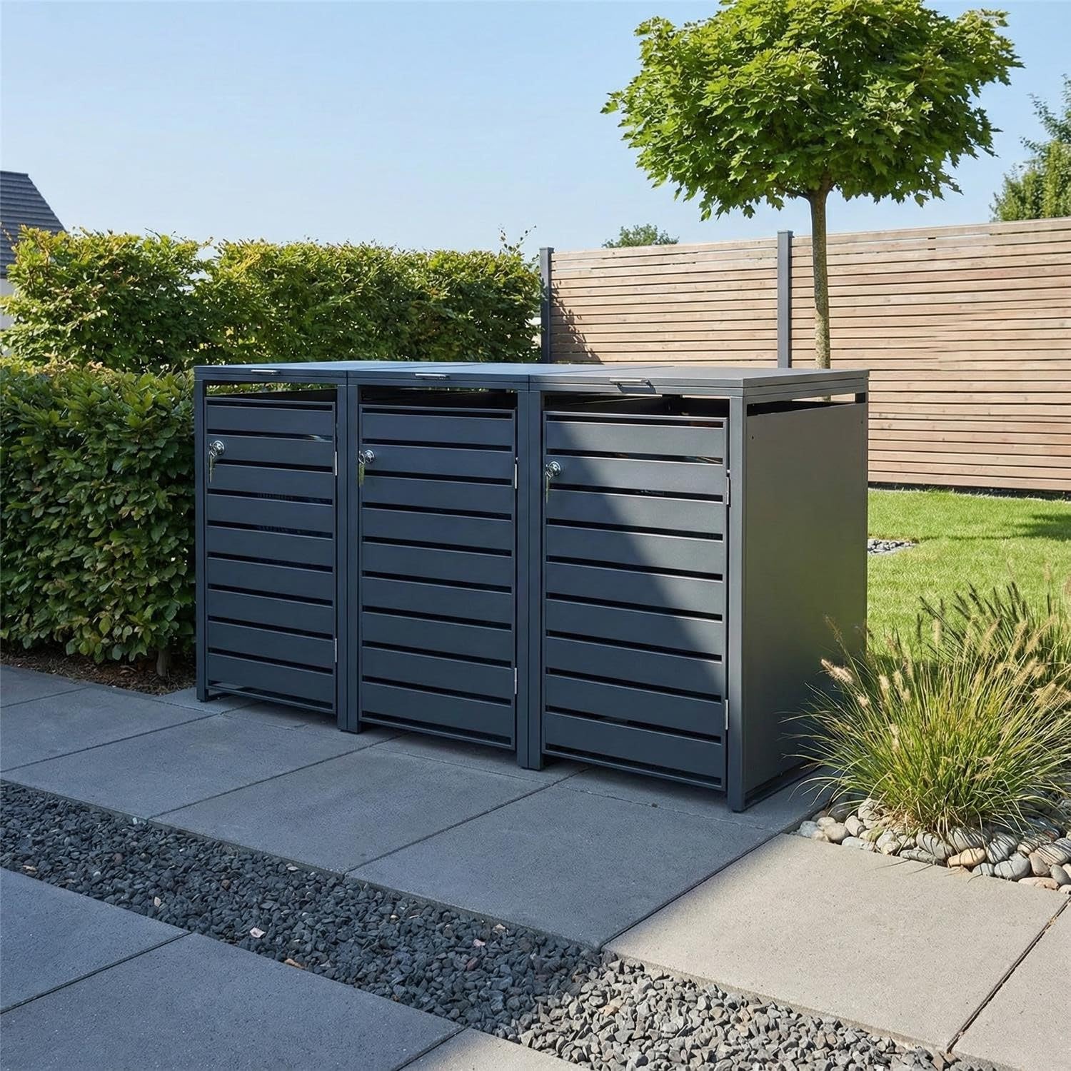 Metzler Mülltonnenbox in Anthrazit mit Sichtstreifen 3er 240L, Mülltonnenverkleidung 3 Tonnen, witterungsbeständiger und pulverbeschichteter Stahl mit Automatikdeckel, abschließbar, Garten- & Müllbox
