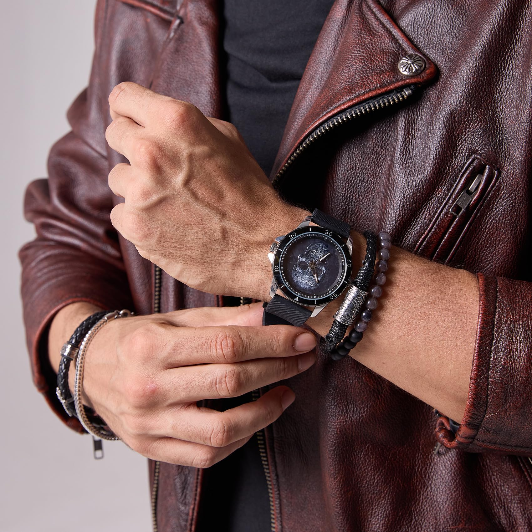 TIME100 Set de Regalo para Hombre, Reloj Hombre con Pulsera, Diseño de Calavera, Correa de Silicona, Elegante Regalo para Navidad y Cumpleaños