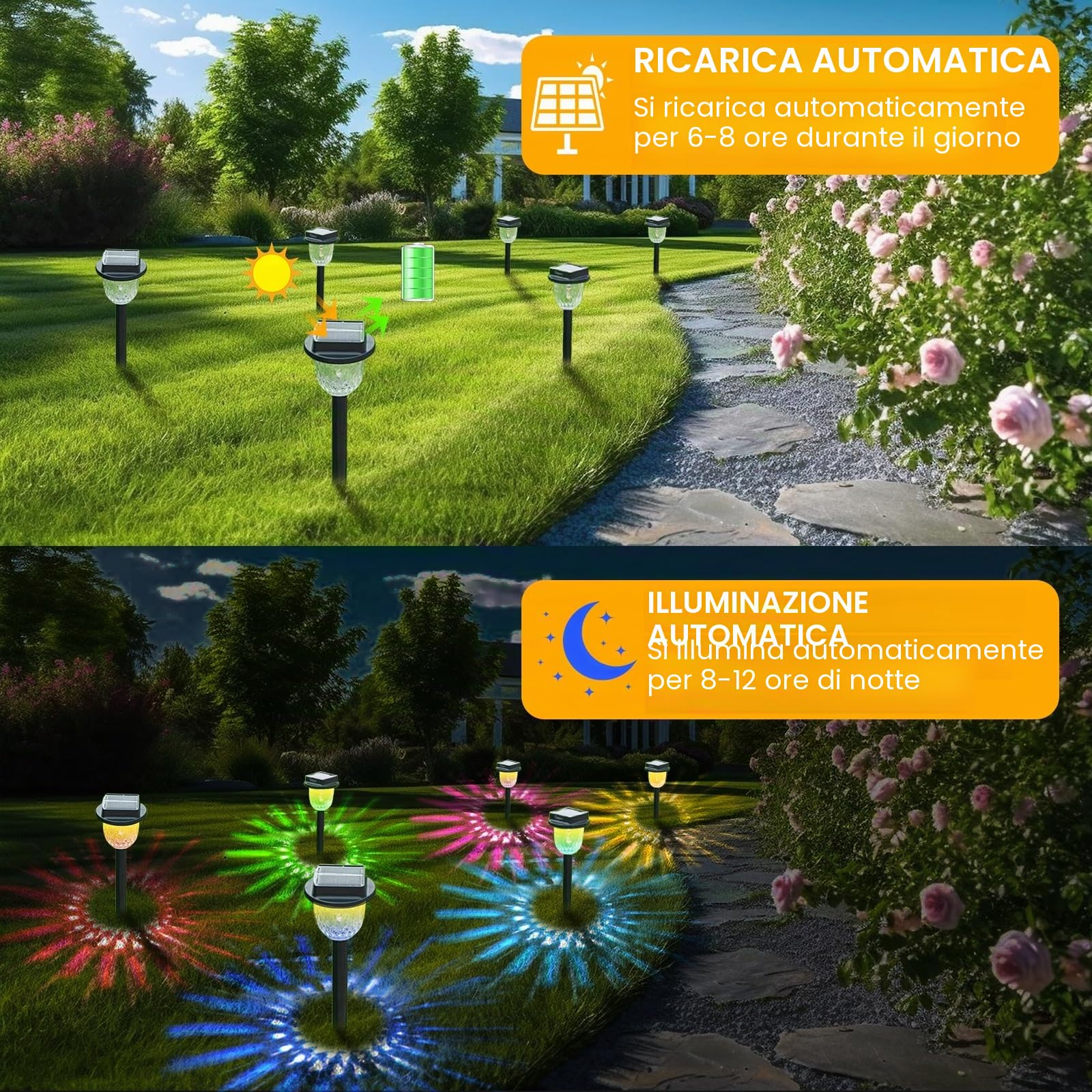 CREATESTAR Luci Solari da Giardino, 6 Pezzi Luci Solari Esterno Bianca Calda e RGB IP55 Impermeabile Lampade per Cortile Marciapiede Patio Prato Paesaggio Vialetto