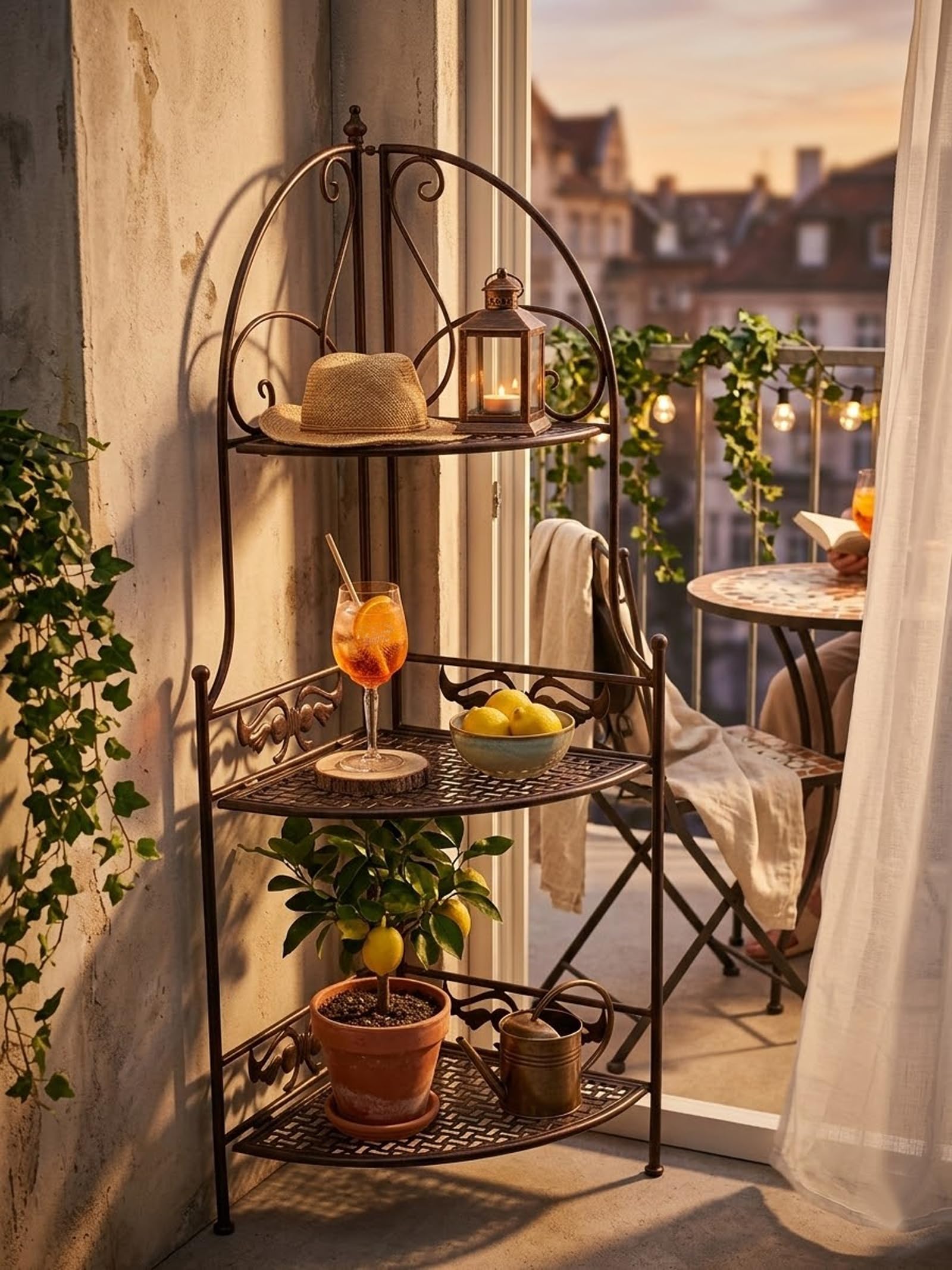 PrimoLiving Metall Garten Regal - Pflanzen Blumen Eckregal aus Metall - Pflanzenregal Garten und Balkon - Blumenbank für draußen - im Vintage Antik-Look, 114cm hoch, braun, P-08508