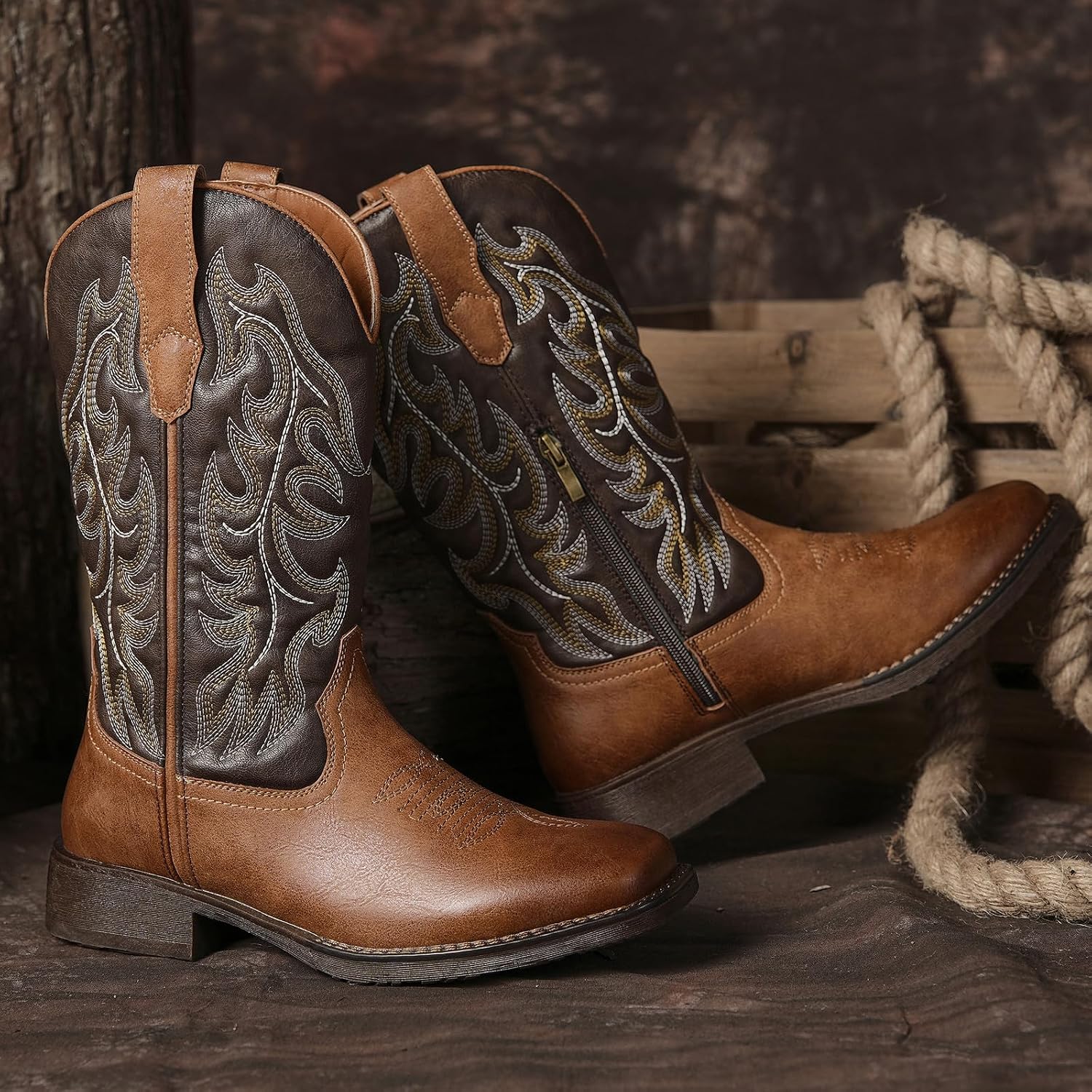 Cowboy Boots for Men, Square Toe Mid-Calf Western Boots