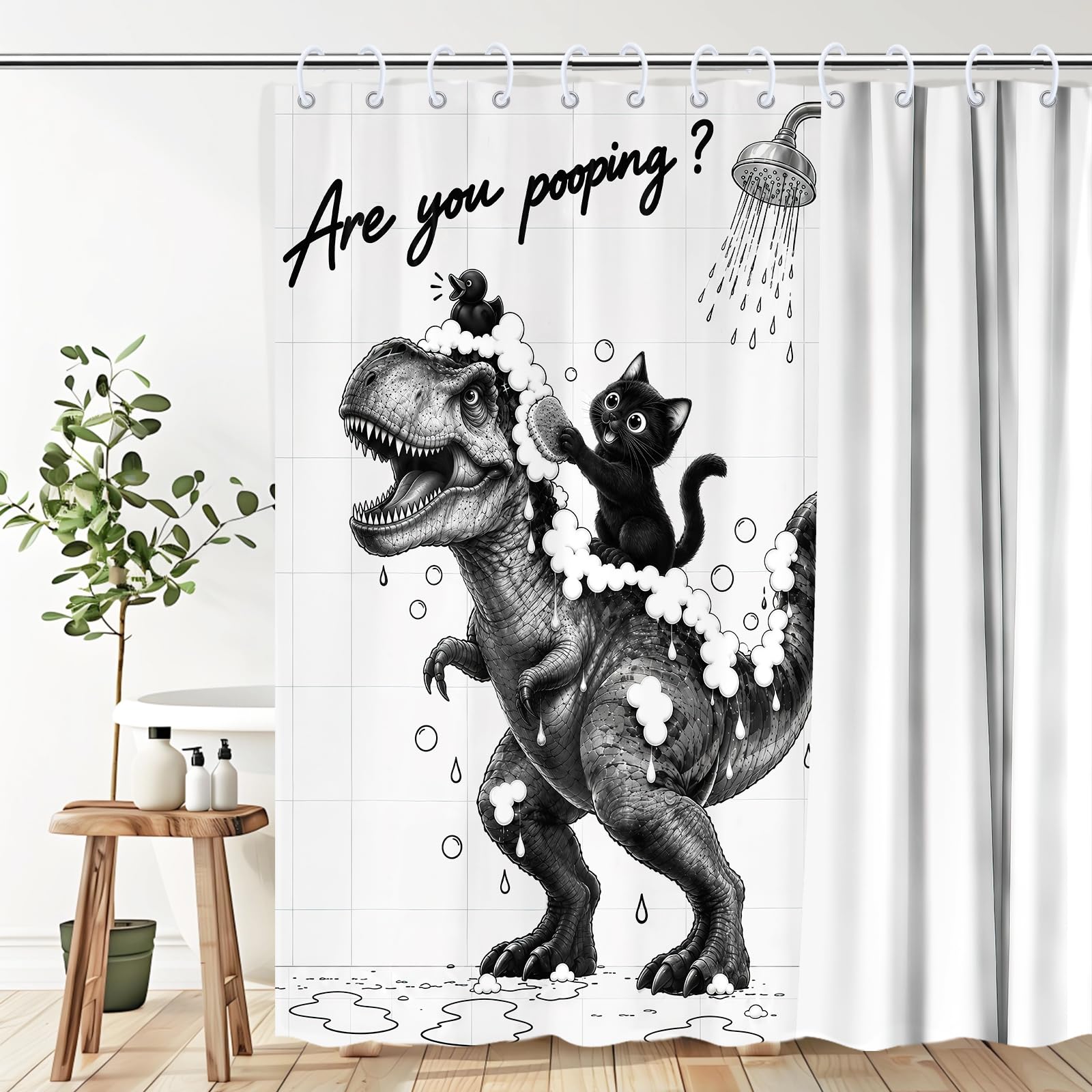 Funny Shower Curtain, Black Cat Riding Dinosaur Shower Curtains 70"X70"