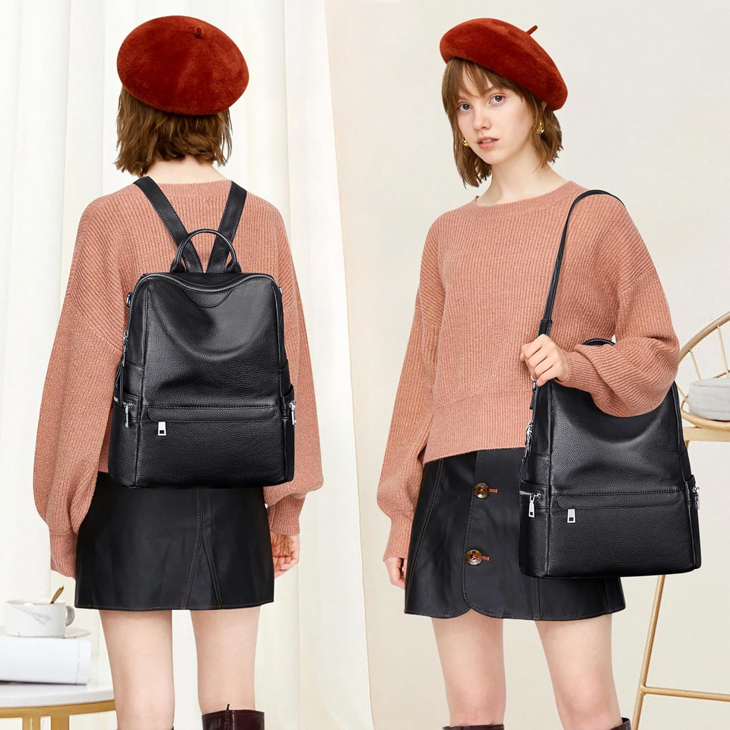 ALTOSY Leather Backpack for Women Elegant Genuine Backpack Purse Ladies Leather Shoulderbag (S80 Black) - Image 3