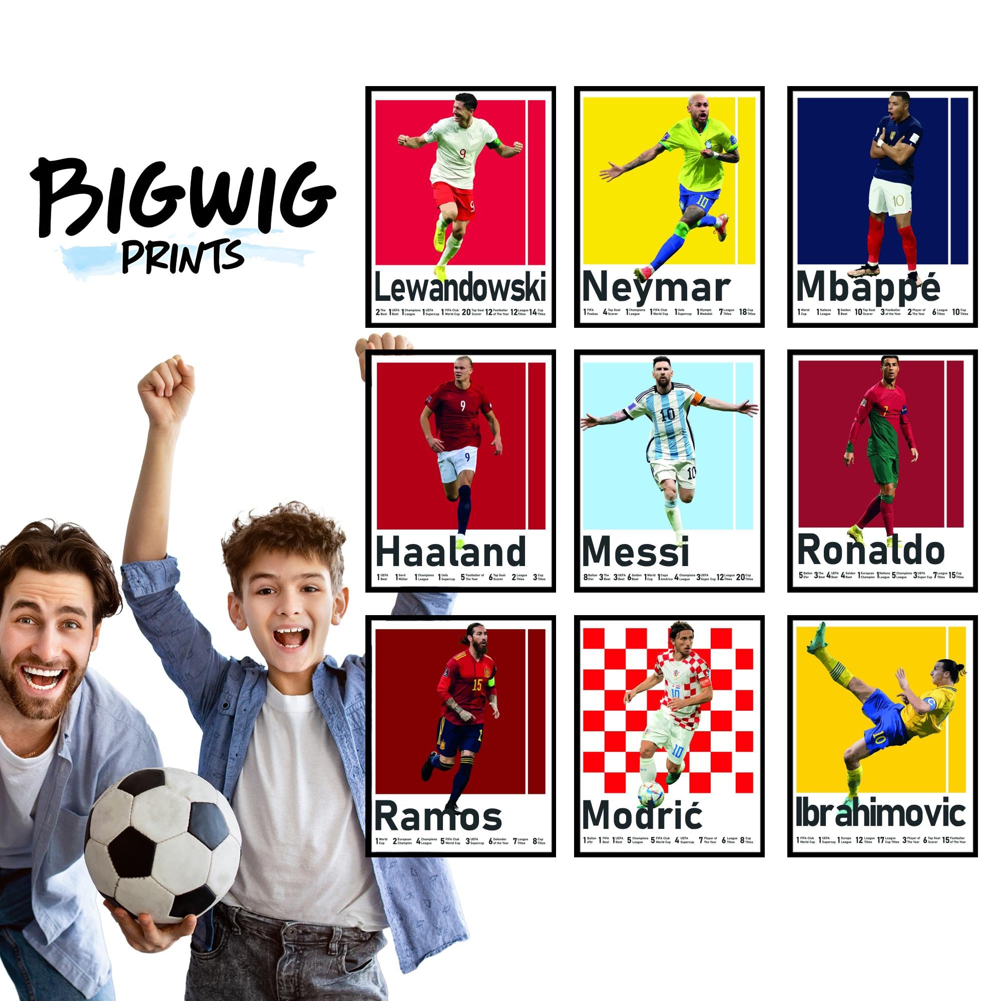 BigWig Prints Plakaty piłkarskie - dekoracja sypialni piłkarskiej dla chłopców, plakat piłkarski Messi, dekoracja pokoju piłkarskiego dla chłopców, plakat Ronaldo i Messi, plakaty Messi do sypialni