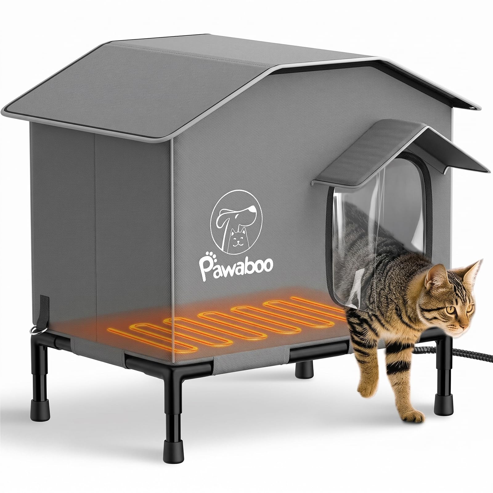 Pawaboo Beheizbares Katzenhaus für den Winter Wasserdicht | 9 Temperaturstufen&Timer (für den Außenbereich), Erhöhter Boden & Vordach, Sicherer Fluchtausgang für Verwilderte Katzen,Grau