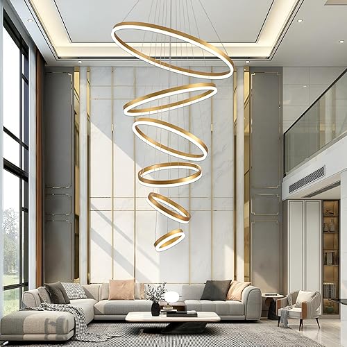 Candelabro LED moderno dorado con control remoto, 6 anillos regulables LED para escaleras, techos altos, entrada, sala de estar