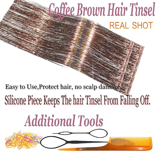 Miniatura 10 de Extensiones de cabello brillante con clip de oropel arcoíris para niñas, Navidad y Año Nuevo (24 pulgadas, paquete de 12 unidades, arcoíris)