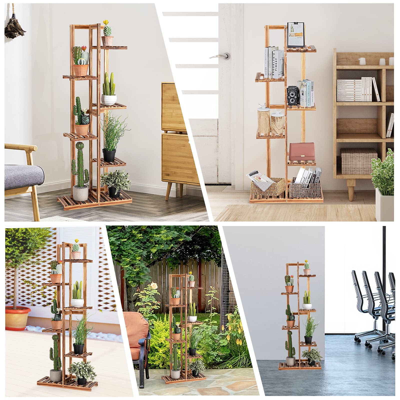 GOPLUS Porte-plantes à 5/6 Niveaux, Étagère à Fleurs en Bois de Pin, Support à Plantes pour Jardin, Balcon, Extérieur et Intérieur (6 Niveaux)