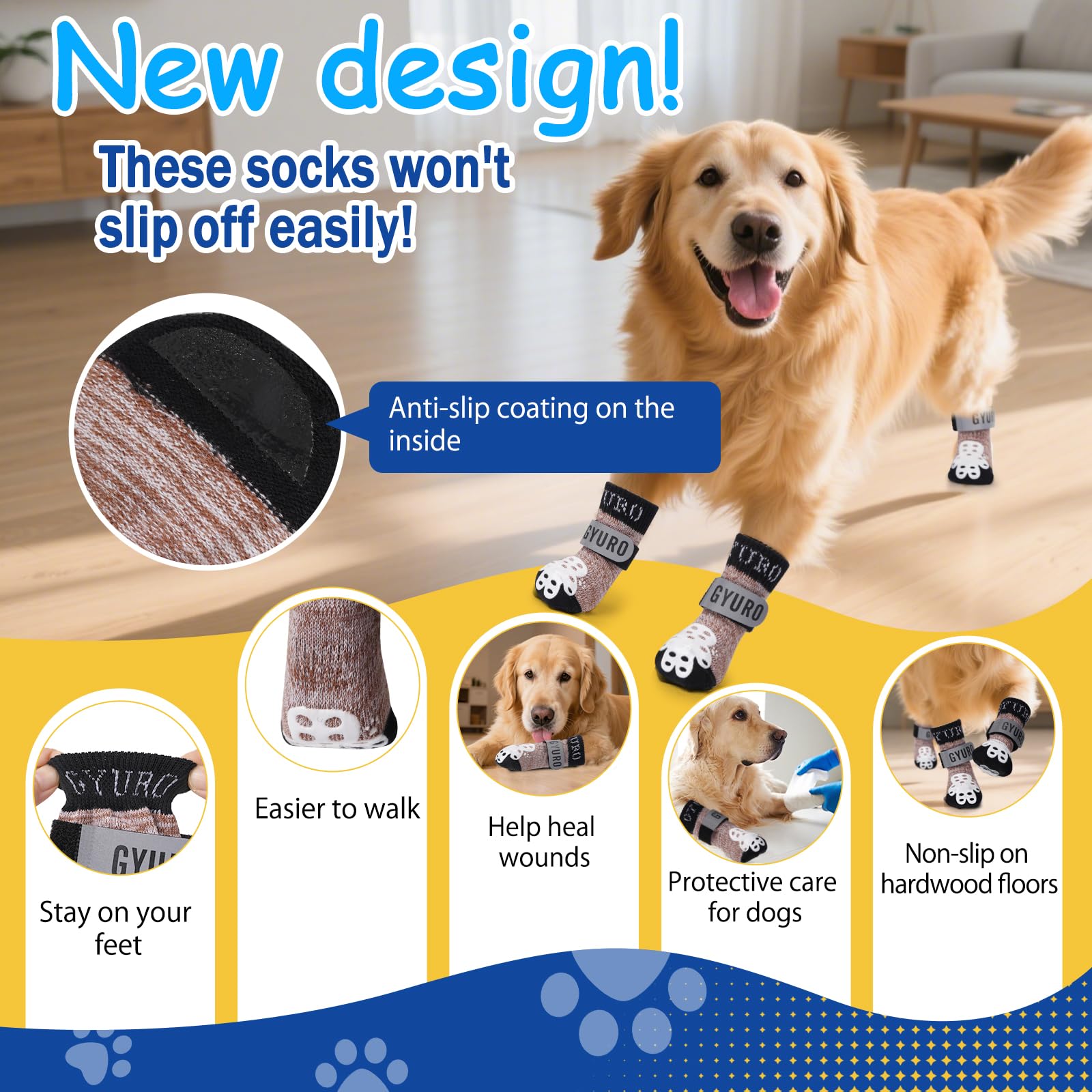 GYURO 4-Sided Anti Slip Dog Socks Paws Stop Licking with Adjustable Reflective Strap, Indoor Paw Protection - Image 4