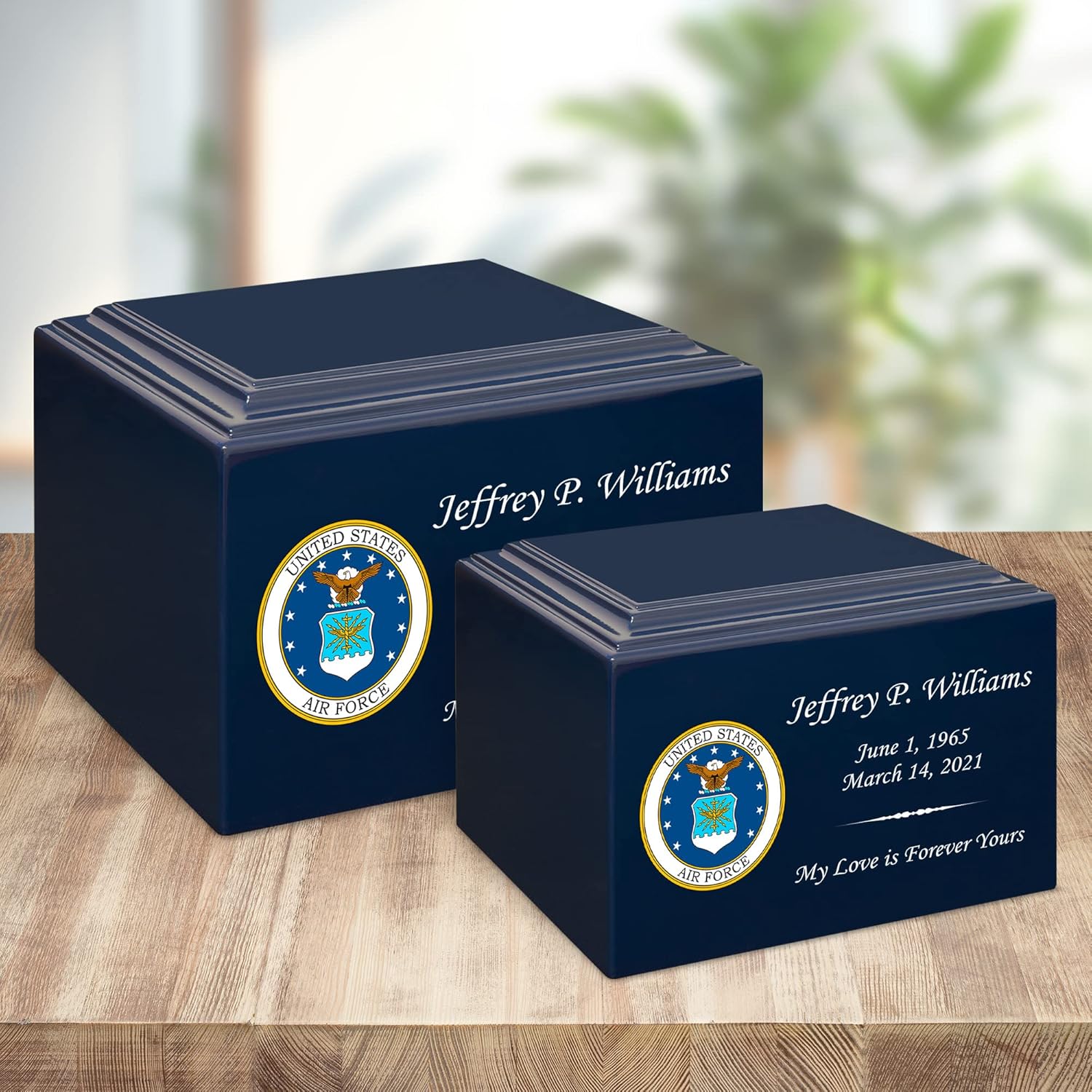 Stonewood Medium Full Color Air Force Emblem Cremation Urn for Human Ashes - Composite Wood Cremation Urn for Adult Ashes - 110 Cubic Inch Capacity - Personalization Included