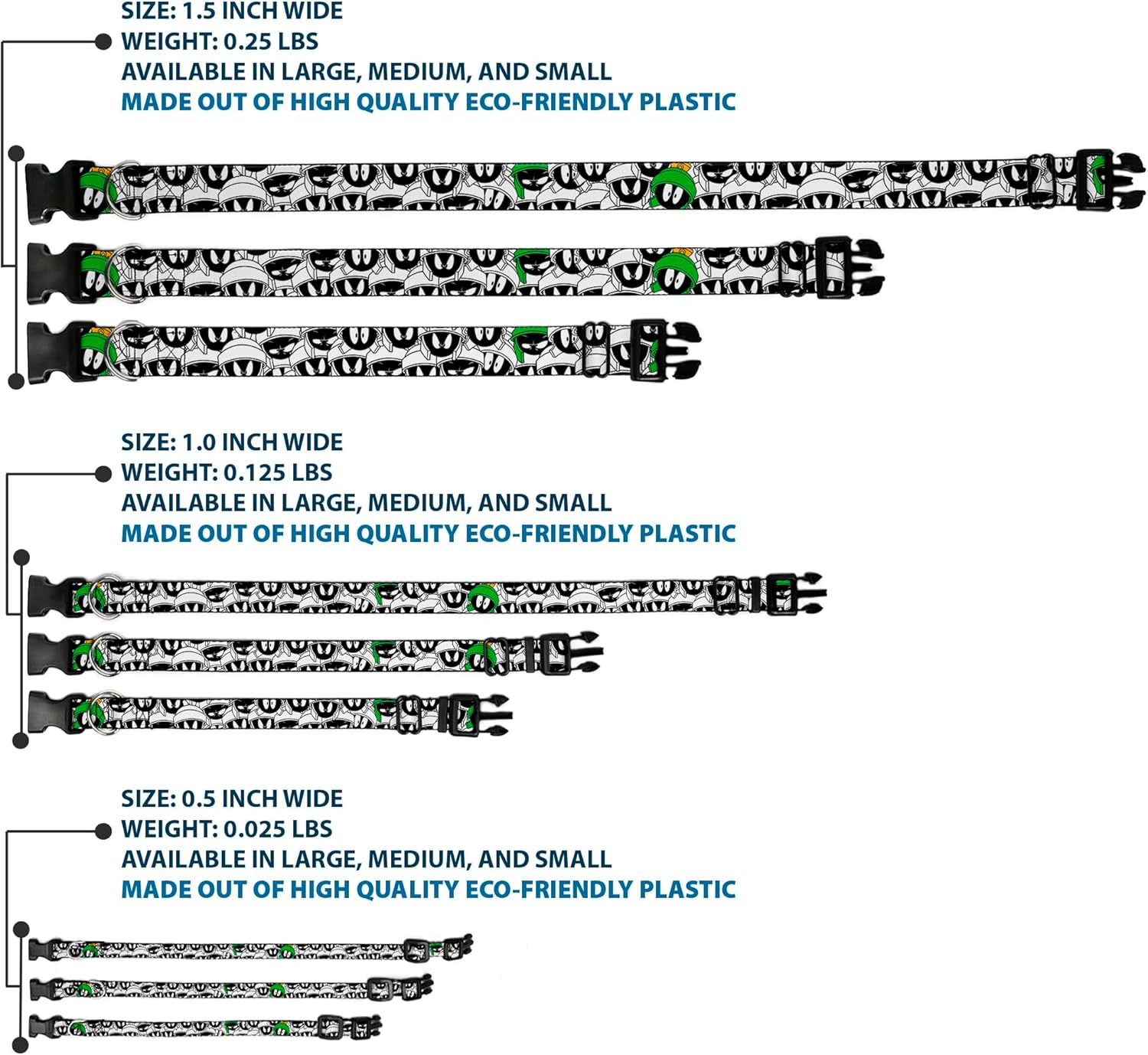 Dog Collar Plastic Clip Marvin The Martian Expressions Stacked White Black Green Gold 13 to 18 Inches 1.5 Inch Wide