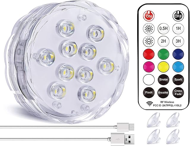 Qoolife Rechargeable Submersible led Lights- 3.3" USB Magnetic Waterproof Pool Light Remote Controlled RGB Changing Underwater Light for Party Vase Christmas Aquarium Tub Shower Pond