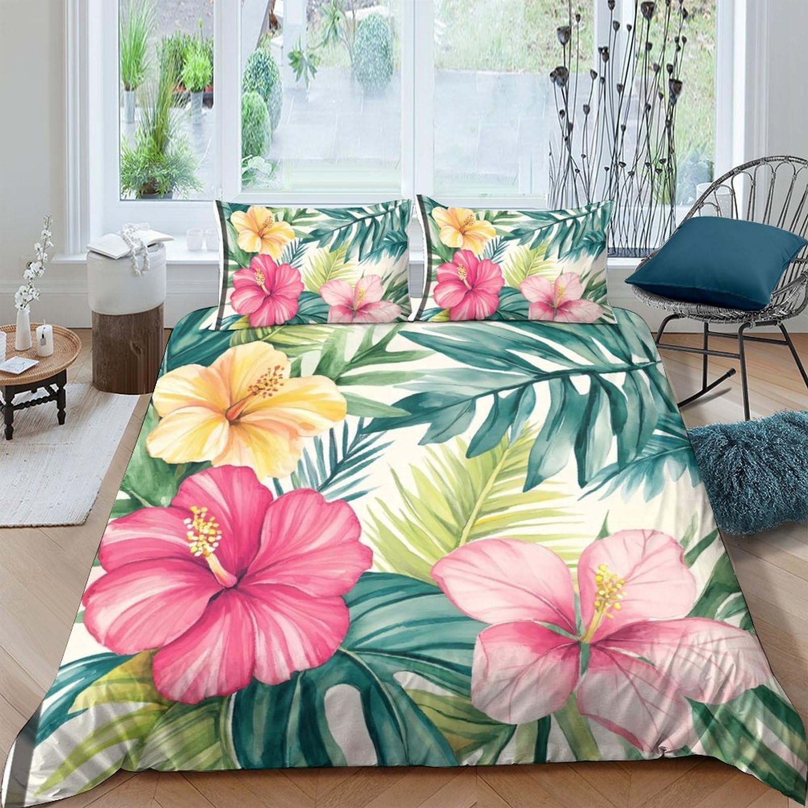 Ctjqhvkz Style-10 3D Printed Tropical Hibiscus Fitted Sheet Microfiber Soft Floral Palm Leaves Mattress Cover For Bedroom Guest Room Decor Single（135X200cm）