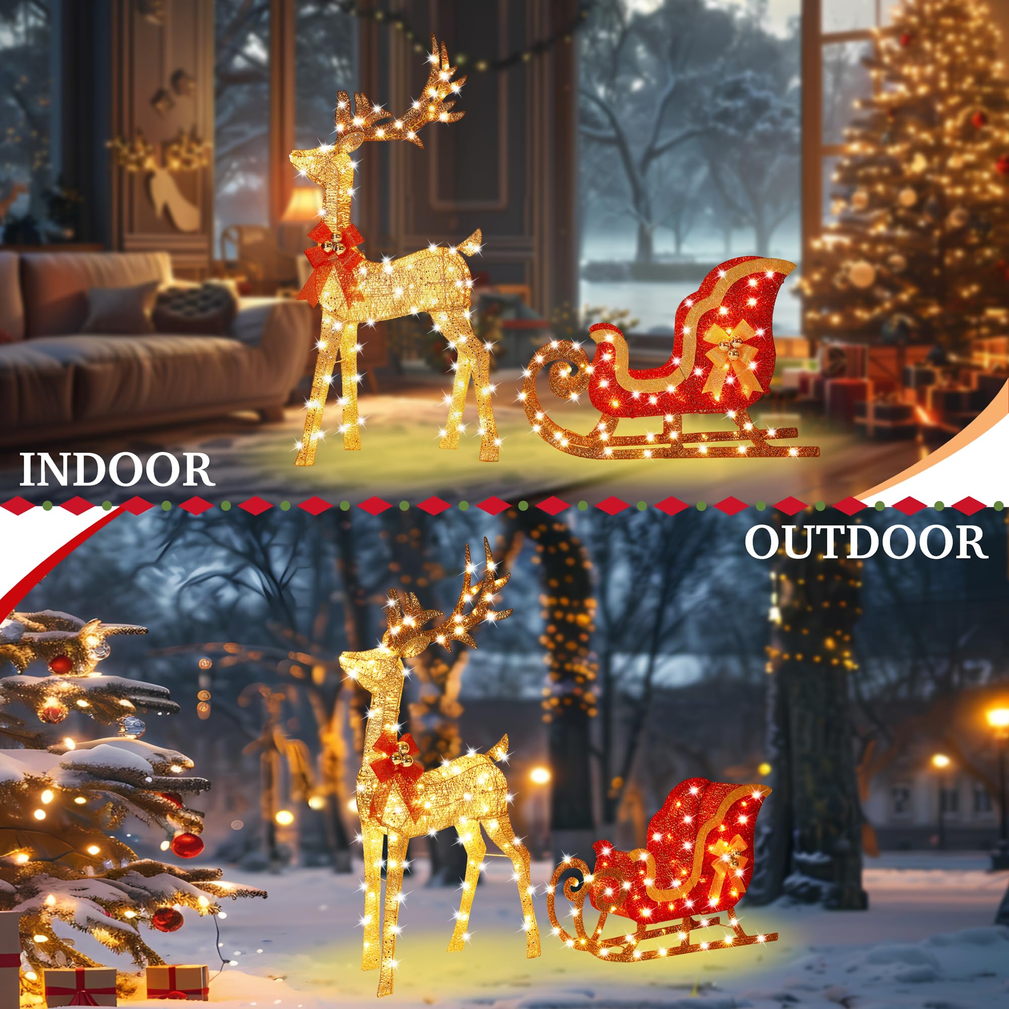 132 cm 3D Gold Groß beleuchtet Weihnachten Rentier & Schlitten Dekorationen 2 Stück Outdoor Urlaub Dekorationen Rentier Set mit 160 warmweißen LEDs Große Hofanzeige für Garten Schaufenster