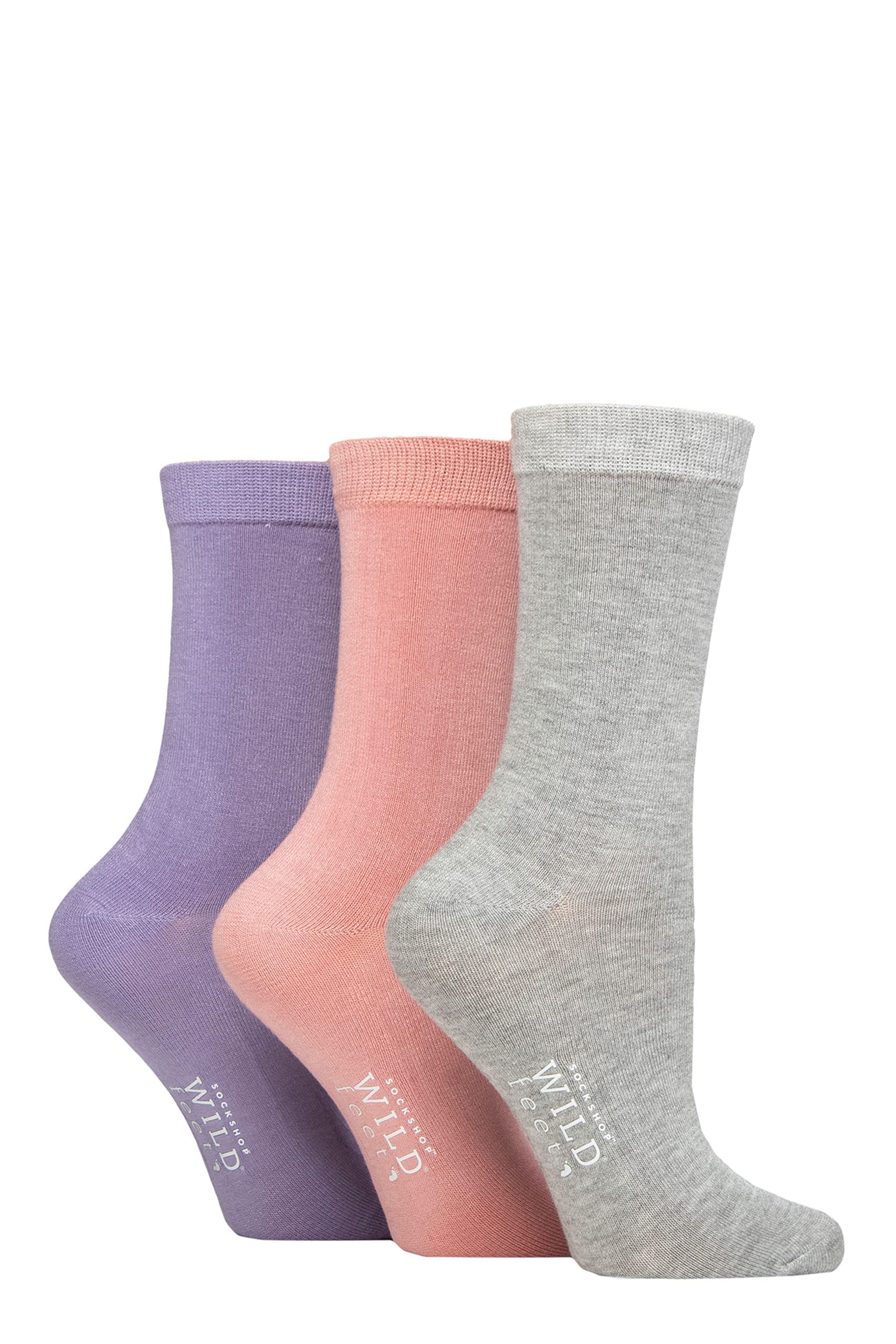 SockShop Wildfeet Ladies Plain Bamboo Socks Pack of 3 Grey/Pink/Purple 4-8