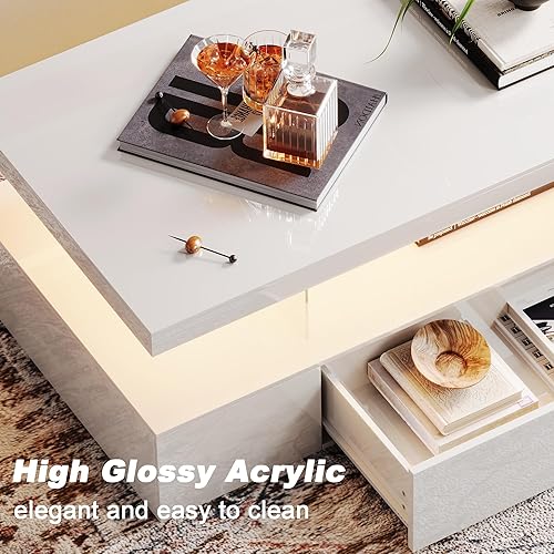 Miniatura 5 de ChooChoo Mesa de centro moderna con LED, mesa central de alto brillo con cajón, mesa auxiliar rectangular con almacenamiento para sala de estar,