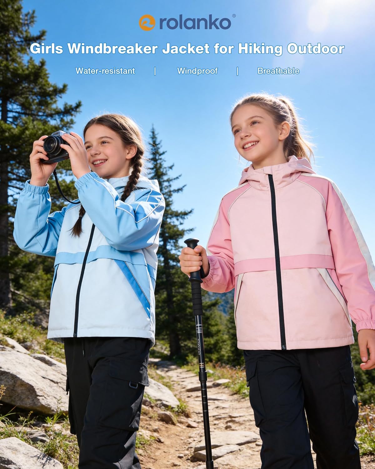 Rolanko Girls Rain Jacket Kids Waterproof Lightweight Hooded Windbreaker Raincoat for Boys Outdoor Hiking School Travel