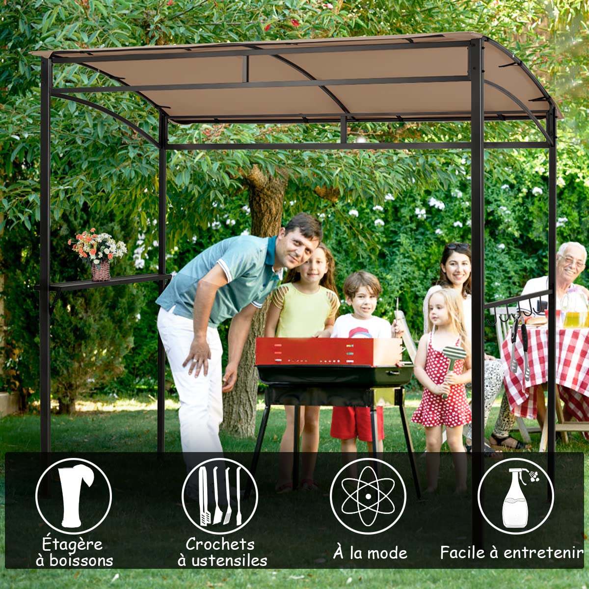 COSTWAY Abri Barbecue Exterieur de 216 cm Cadre en Métal Imperméable, Tonnelle Barbecue Exterieur avec Étagère de Service et Crochets de Rangement, Belvédère pour Jardin Cour (Marron)