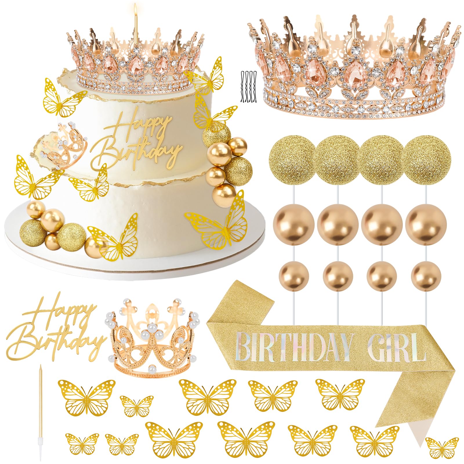 29Pcs Gold Crown Cake Topper Butterfly Birthday Cake Decorations with Gold Happy Birthday Cake Topper for Princess Women Queen Party Wedding Decor with Candles and ribbons