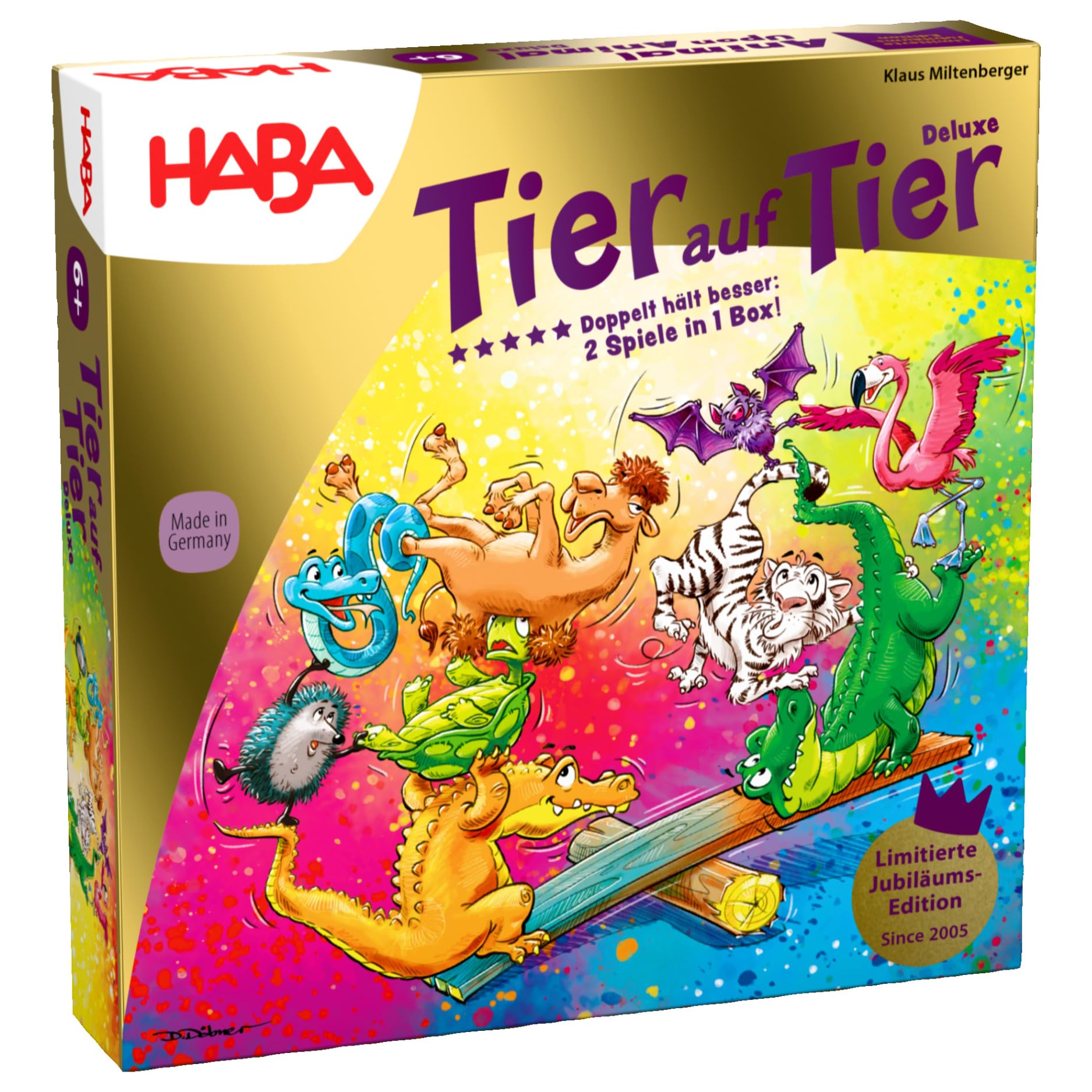 HABA Animal on Animal Deluxe Version - Wooden Stacking and Dice Game with 30 Colourful Animals and Seesaw, Wobbling Fun for the Whole Family, Game from 4 Years - 2012205001