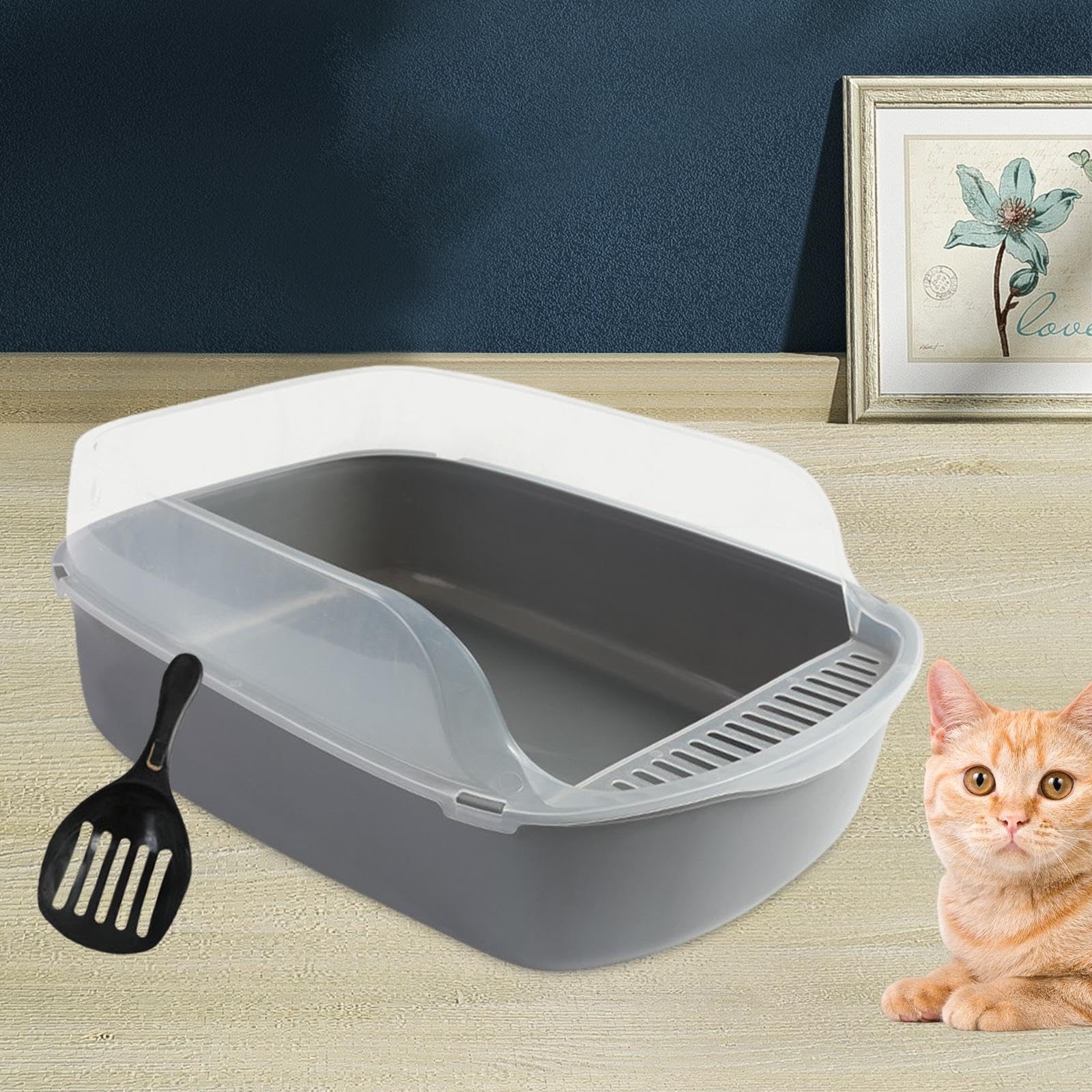 Katzenstreu Schale Semi Geschlossene Katzentoilette mit Hohem Rand Offene Katzentoilette Tragbare Katzenklo Box Einfach zu Reinigen Spritzschutz für, grau
