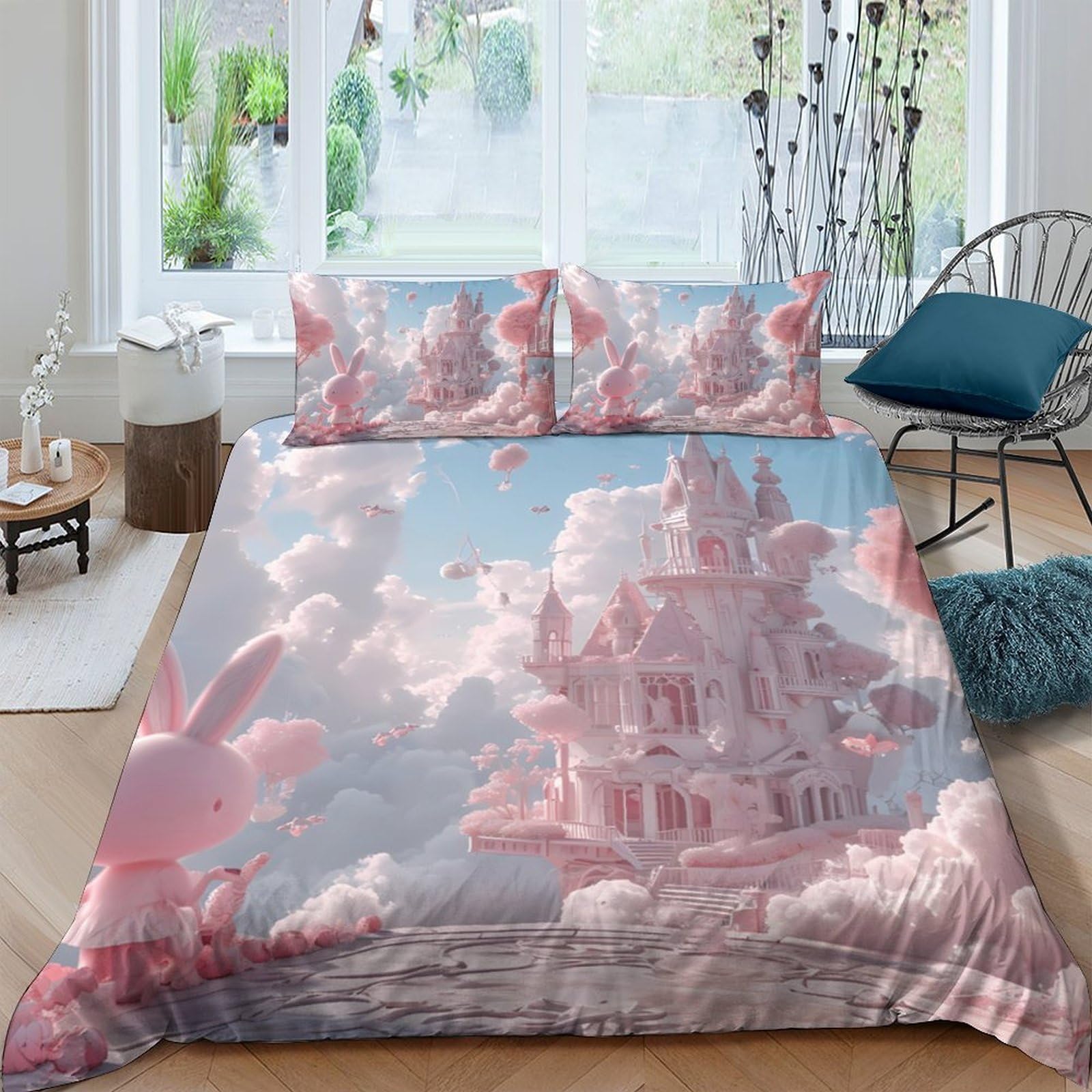 GPLZQXKJNH 3D Printed Pink Castle in Clouds Duvet Cover Microfiber Soft Breathable Fantasy Cloud Bedding Set with 2 Pillowcases for Bedroom Decor Single（135x200cm）
