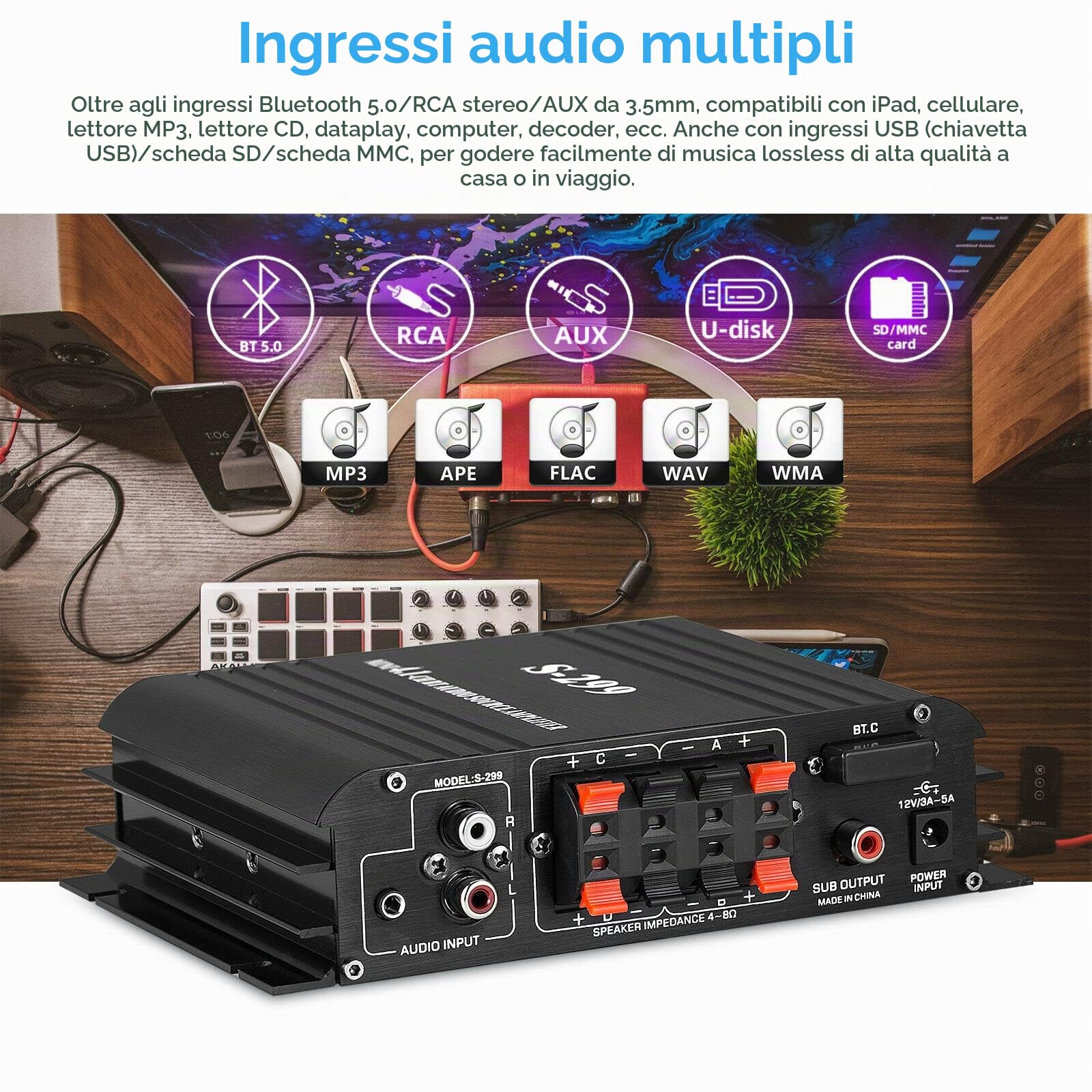HiFi 4.0 Channel Bluetooth Digital Power Amplifier for Home/Car Bass Audio Amp