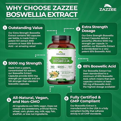 Miniatura 6 de Zazzee Extracto de Boswellia Serrata 10:1 extra fuerte, 5000 mg de fuerza, 65% ácido boswélico, 180 cápsulas veganas, suministro de 6 meses,